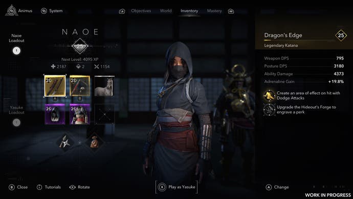 The menu screen for Naoe in Assassin's Creed Shadows.