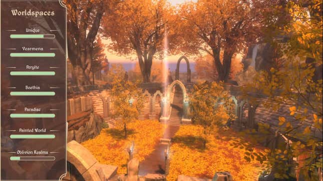 An image of a sunny, autumnal glen, with Worldspaces progress bars on the left.