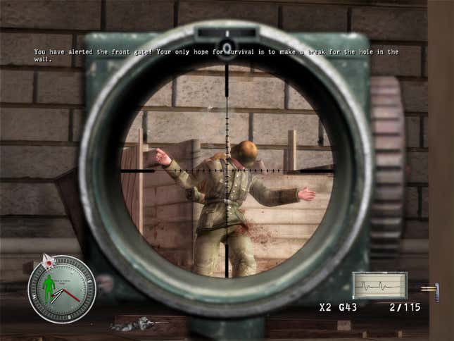 A first-person perspective of a sniper scope shows a soldier getting shot.