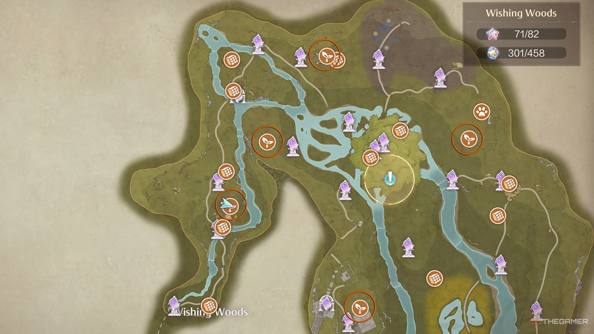 Infinity Nikki All chronos tree locations circled in orange on the map.