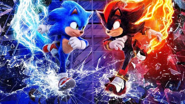 Sonic and Shadow stand next to each other. 