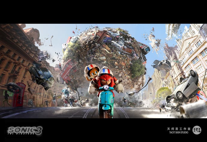 Sonic 3 film concept artwork showing Knuckles and Tails riding a motorcycle through the streets of London chased by a giant ball of debris