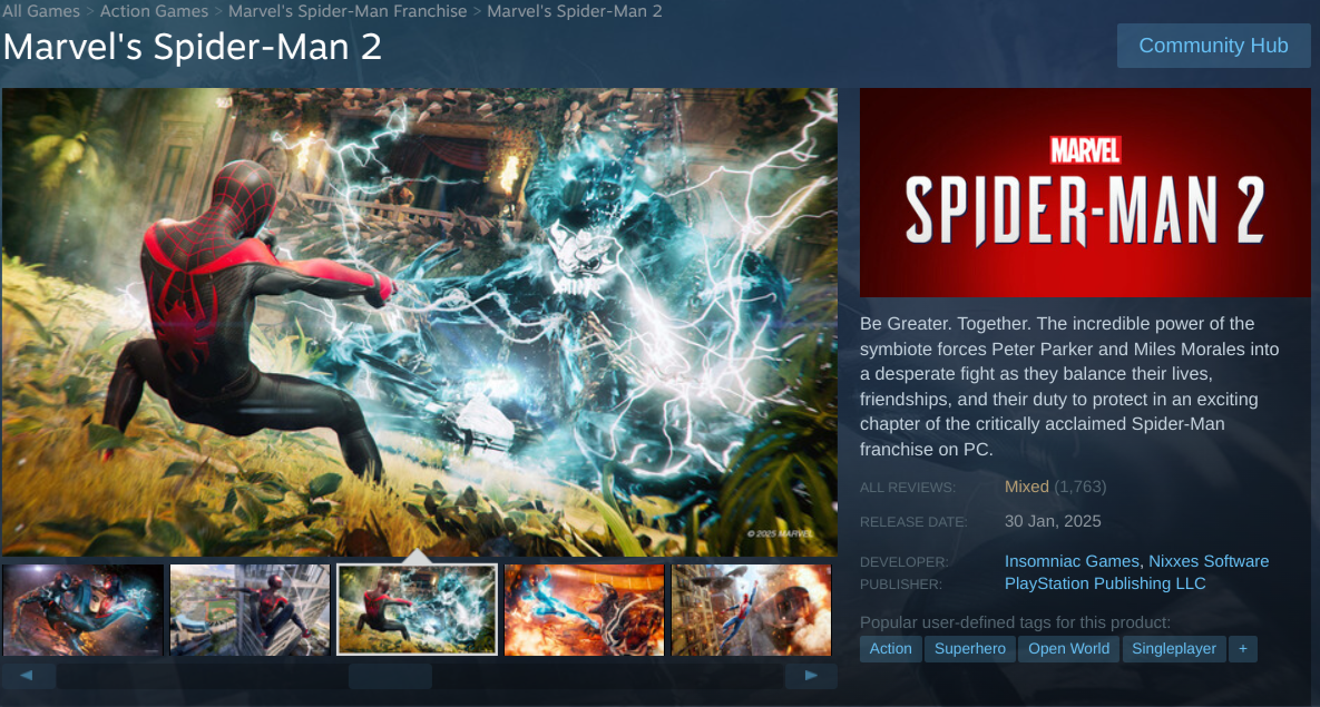 The Steam page for Marvel's Spider-Man 2 showing "Mixed" reviews.