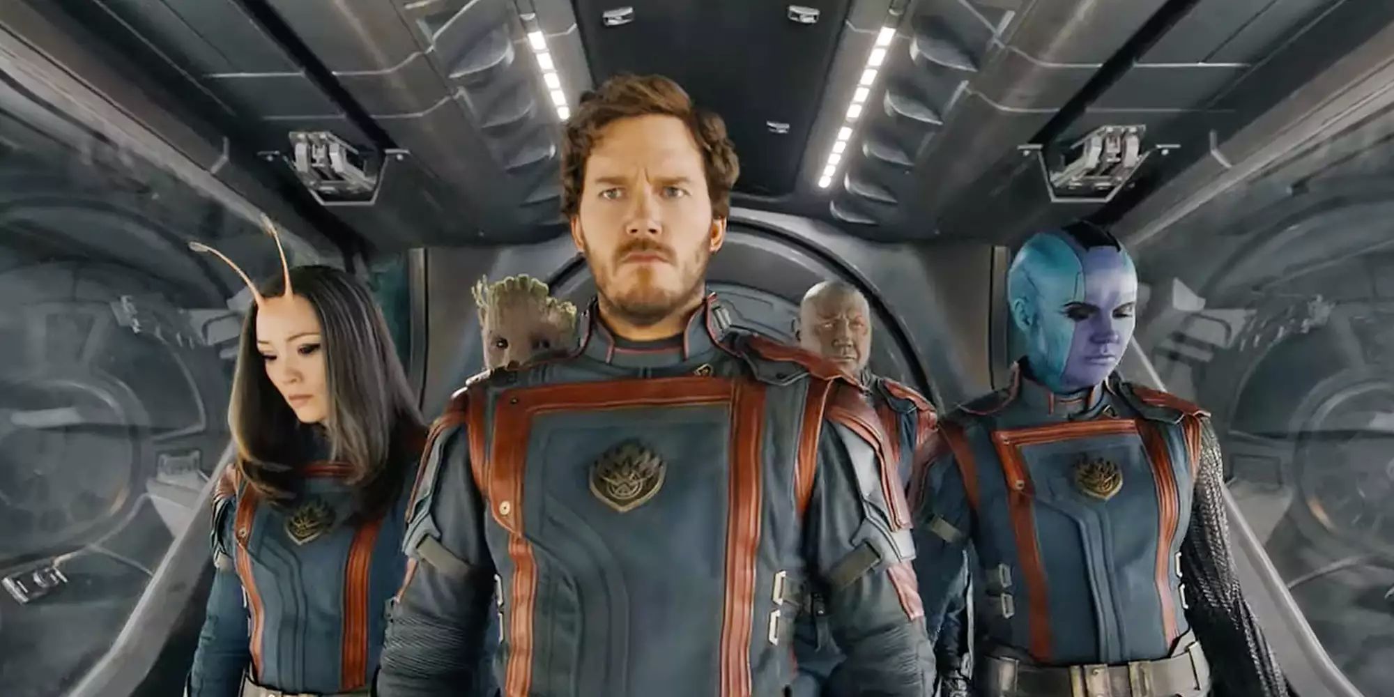 Guardians of the Galaxy Vol. 3 trailer with Chris Pratt as Star-Lord up front Mantis and Nebula