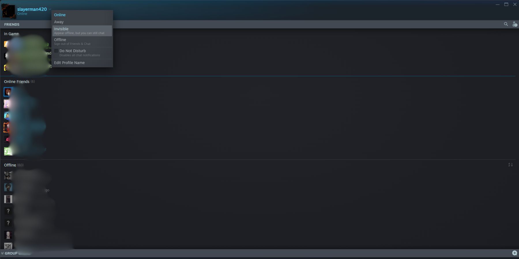 Steam Invisible Option in Chat Menu