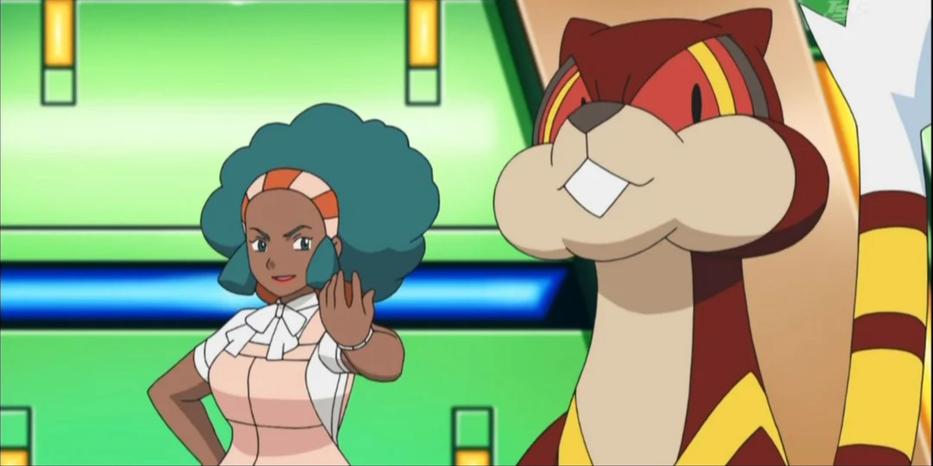 Screenshot of Lenora and Watchog Pokemon anime.