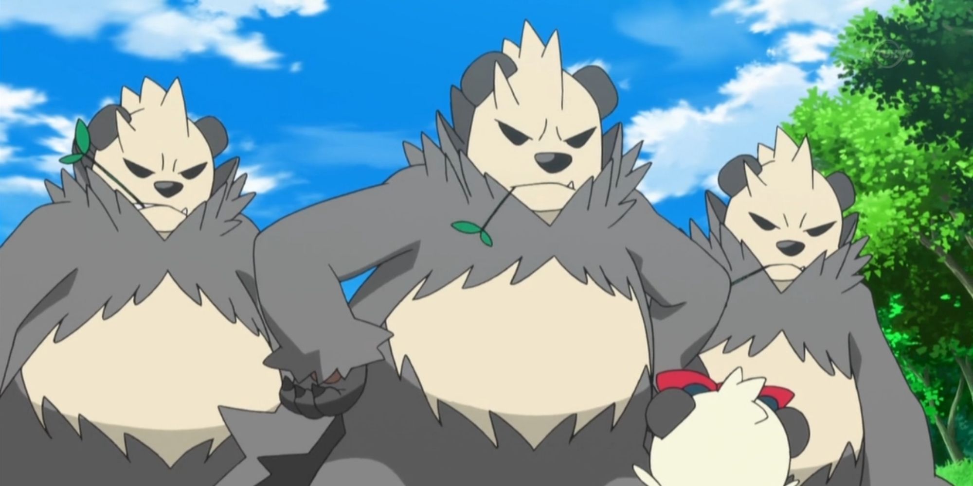 Still of multiple Pangoro from the Pokemon anime.