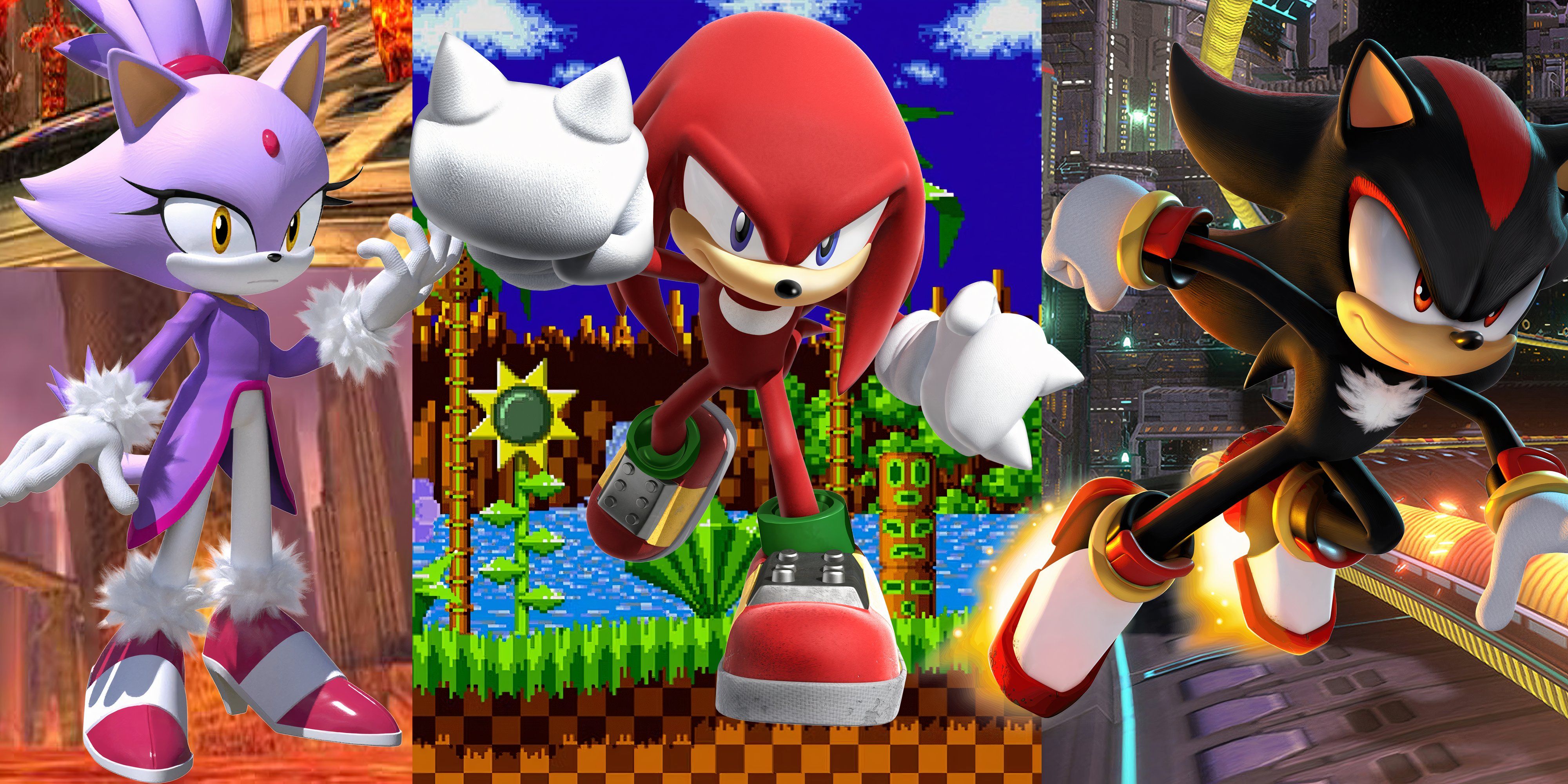 still images of blaze the cat, knuckles the echidna and shadow the hedgehog 