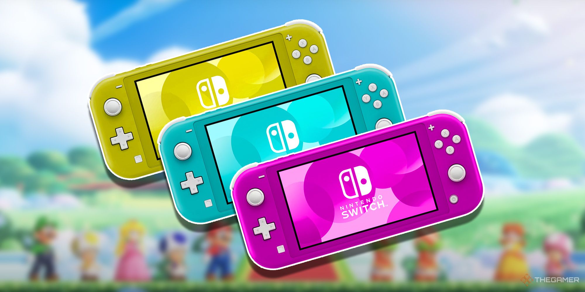 A yellow, cyan, and pink Nintendo Switch Lite playing Super Mario Bros. Wonder