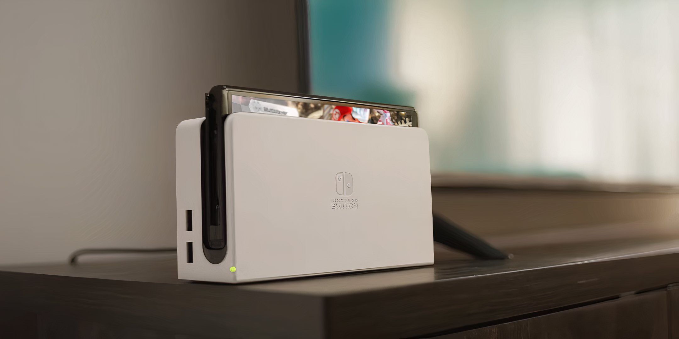 Nintendo Switch playing mario kart in a white dock