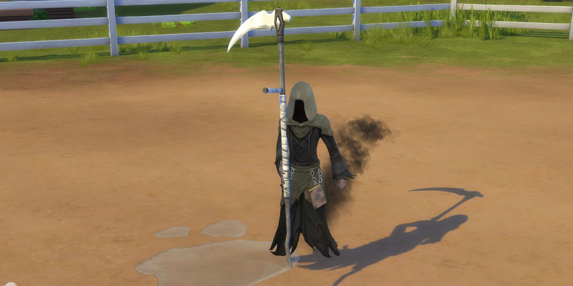 The Sims 4 grim reaper stood in a field.