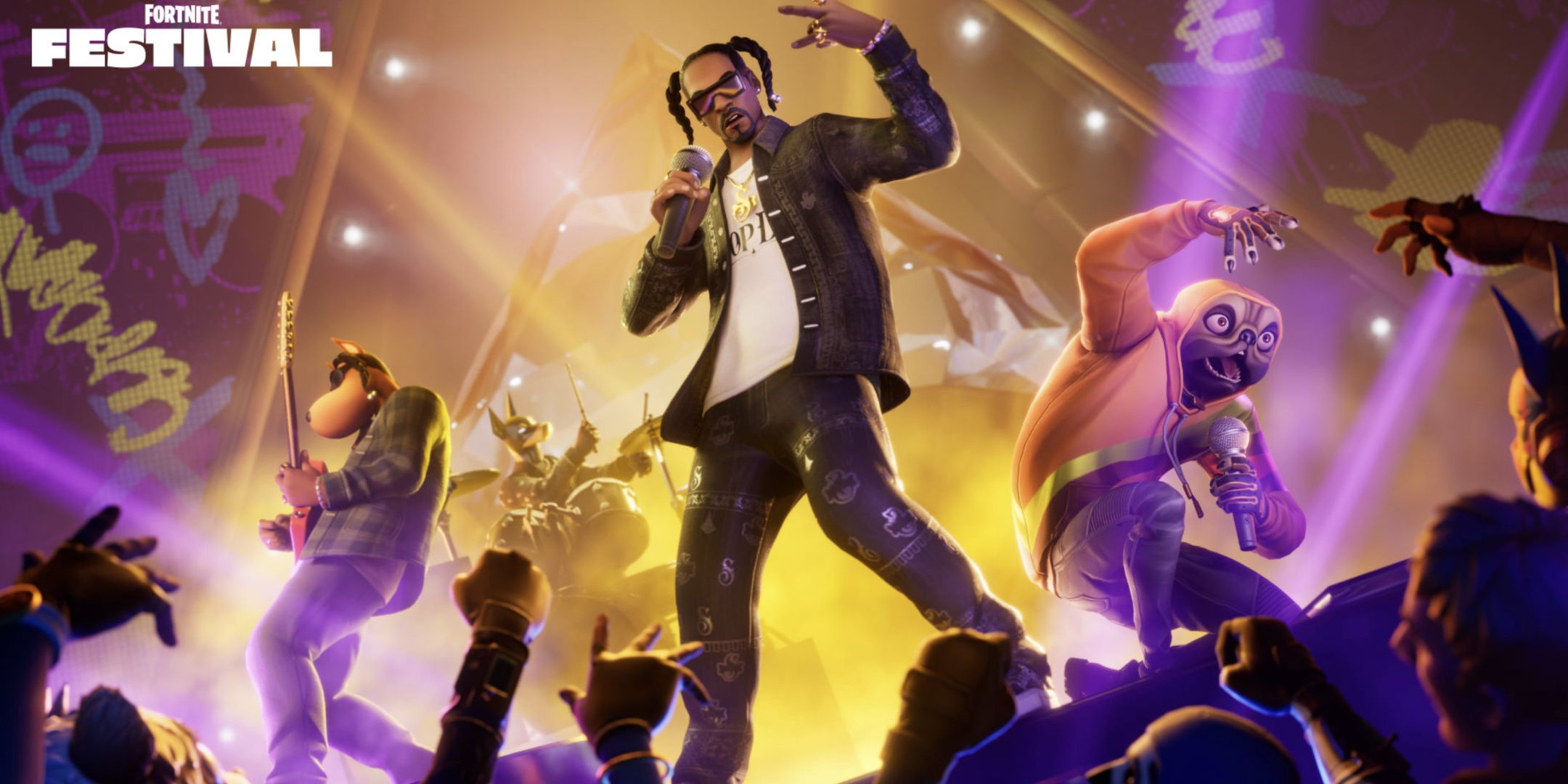 Snoop Dogg performing in a Fortnite Promo Image.