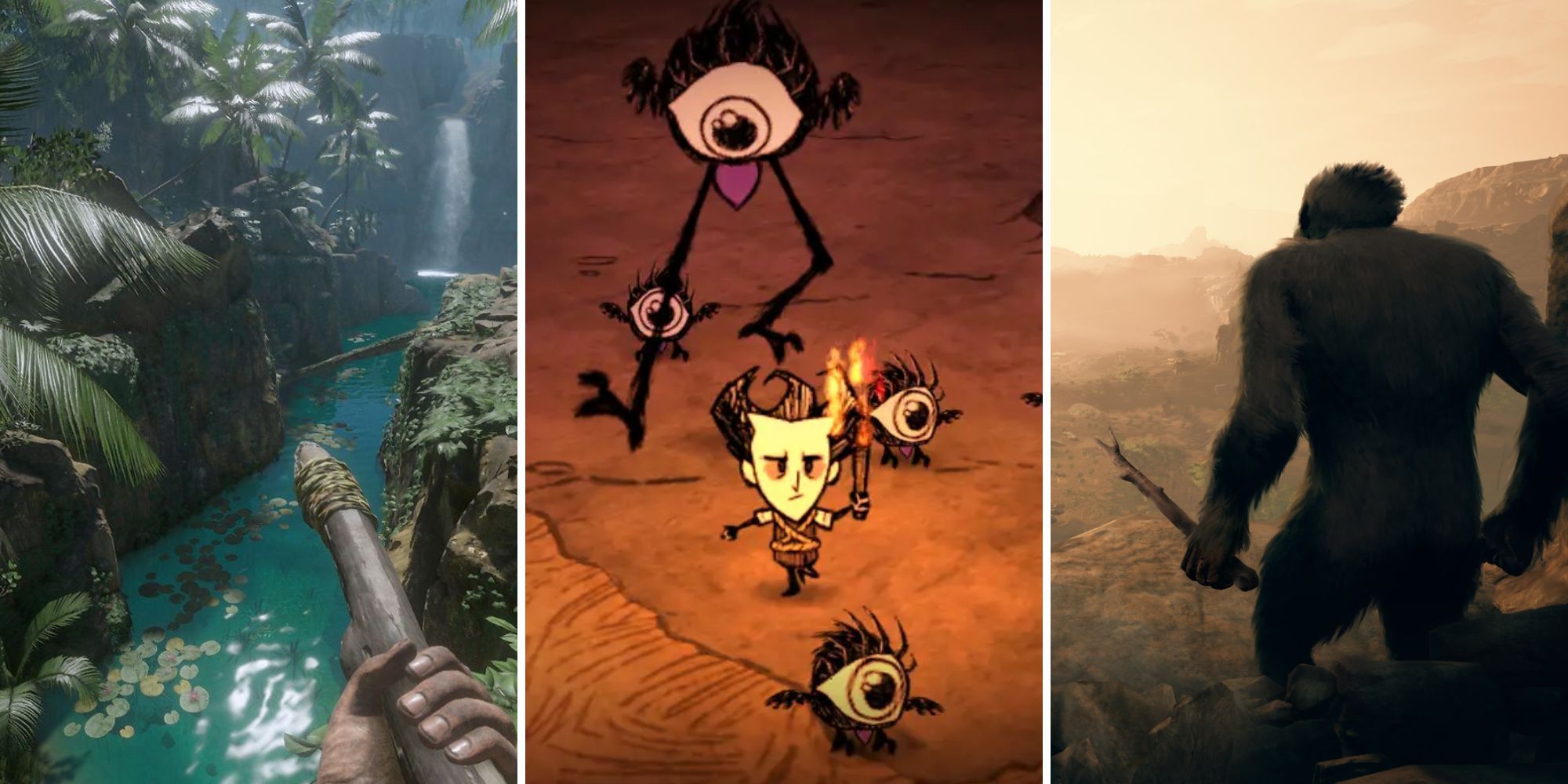 A grid of the three survival games Green Hell, Don't Starve, and Ancestors: The Humankind Odyssey