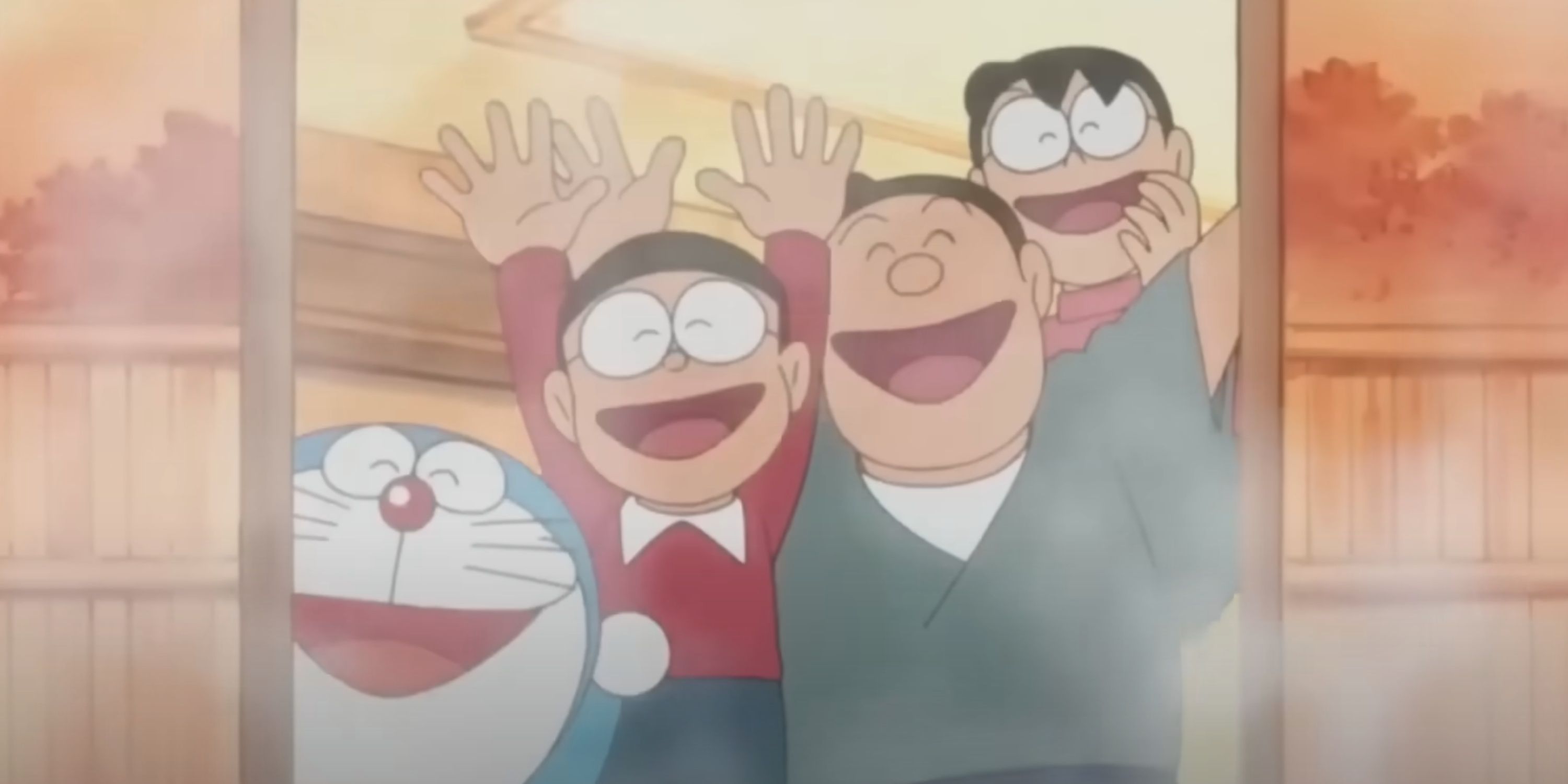 The Nobi family happily cheer before they enter the hot springs.