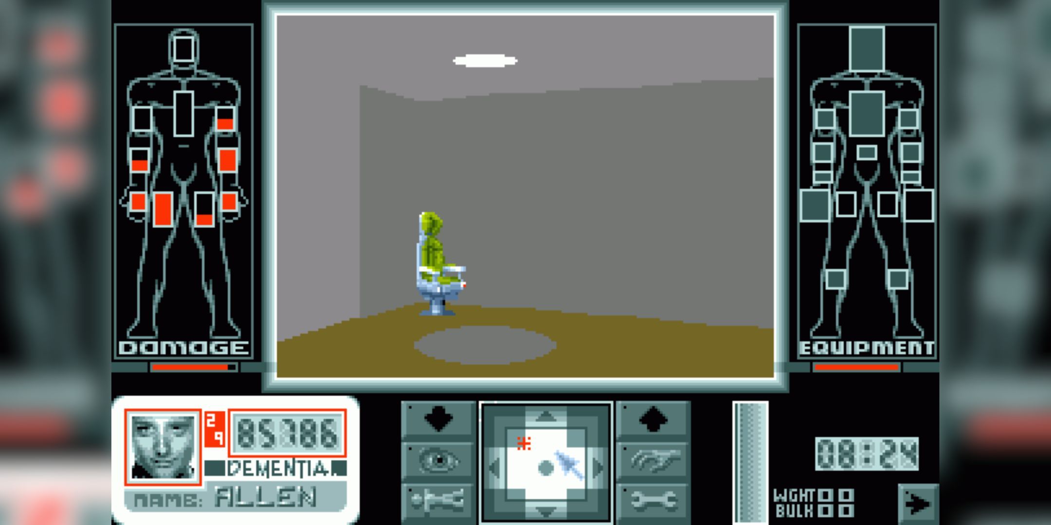 Screenshot of Corporation 1990 game, showing the HUD and a chair.