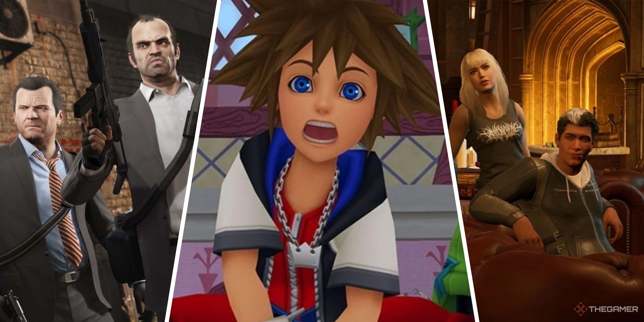 Featured split image containing screenshots of Grand Theft Auto 5, Kingdom Hearts, and Marvel's Midnight Suns.