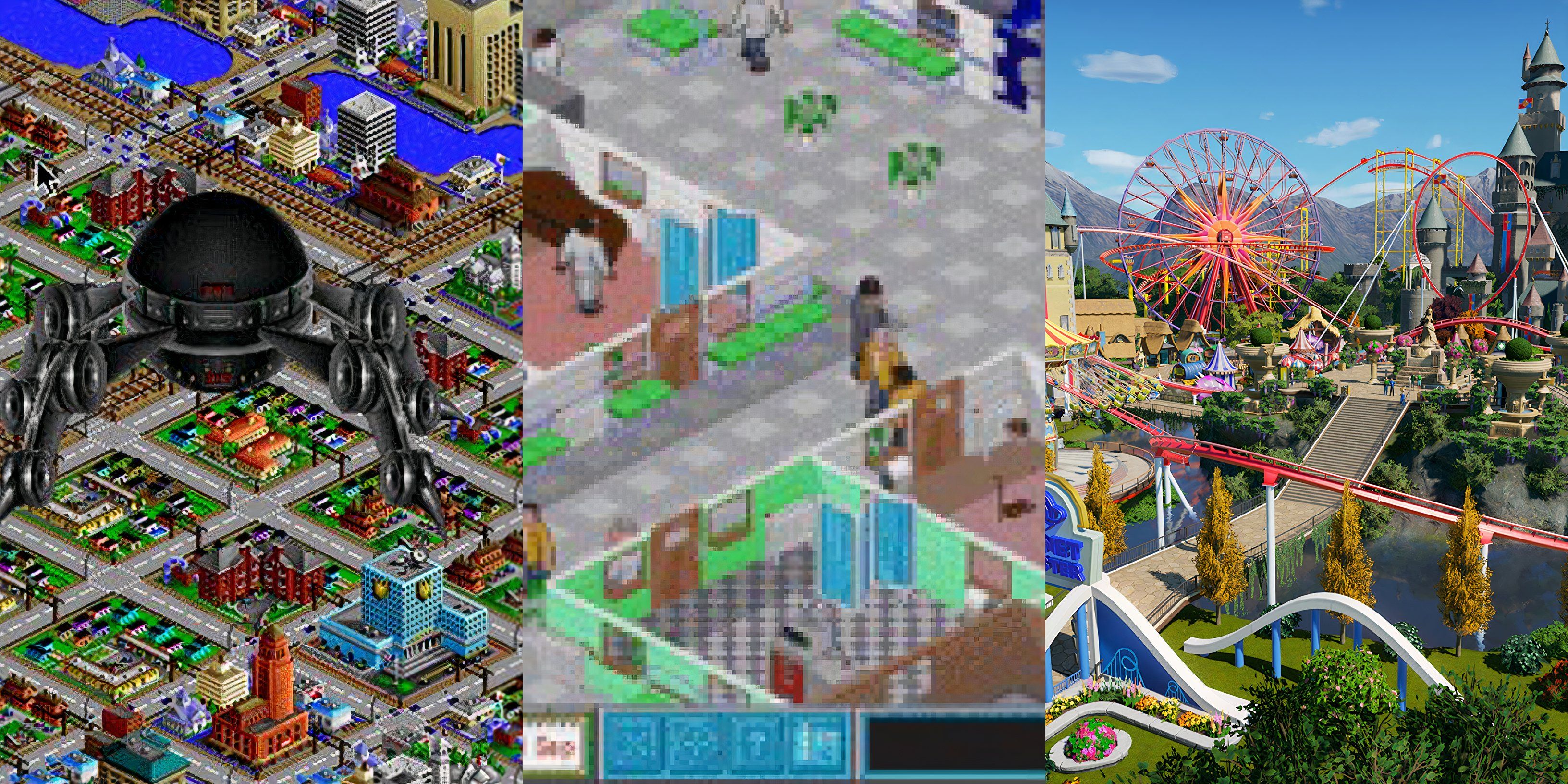 SimCity 2000 (left), Theme Hospital (middle), and Planet Coaster (right)