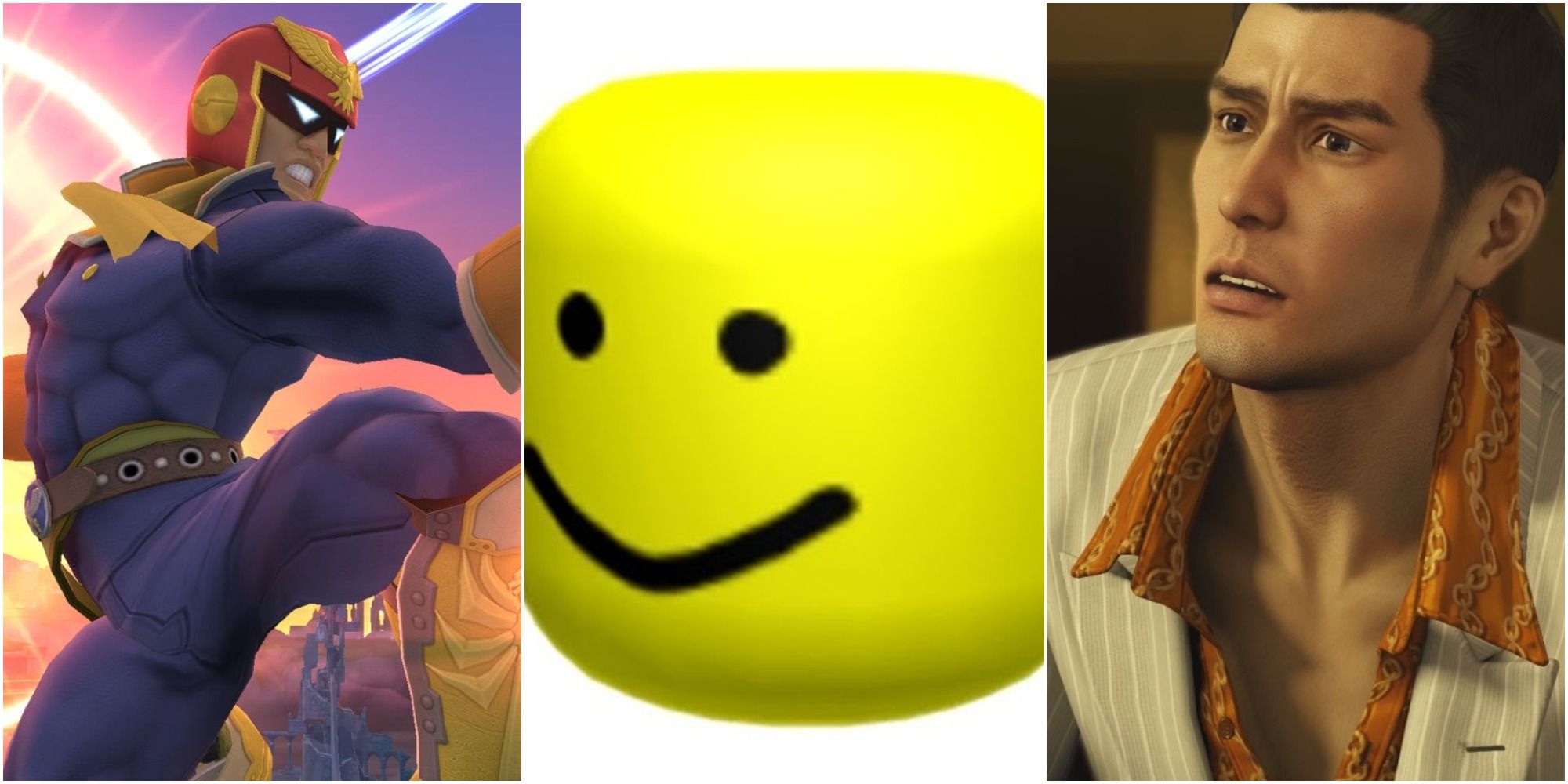 Captain Falcon, Roblox and Kazuma Kiryu split feature image for split image