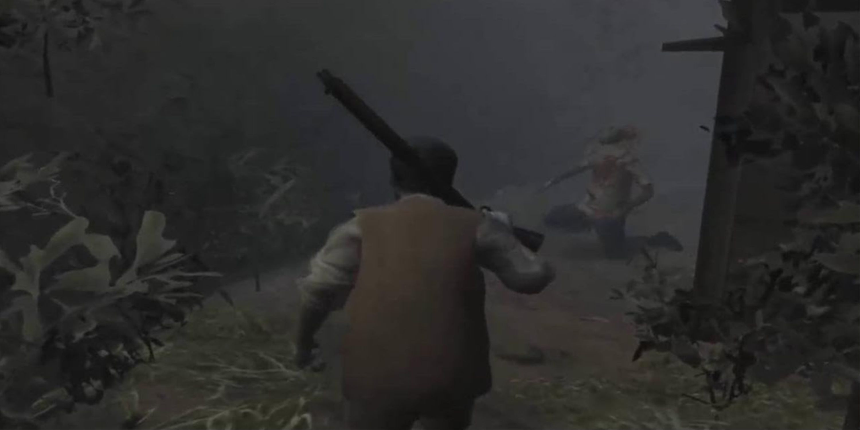 Siren - A Character Holding A Rifle Over Their Shoulder As A Shibito Enemy Is Running At Them Through the Fog.