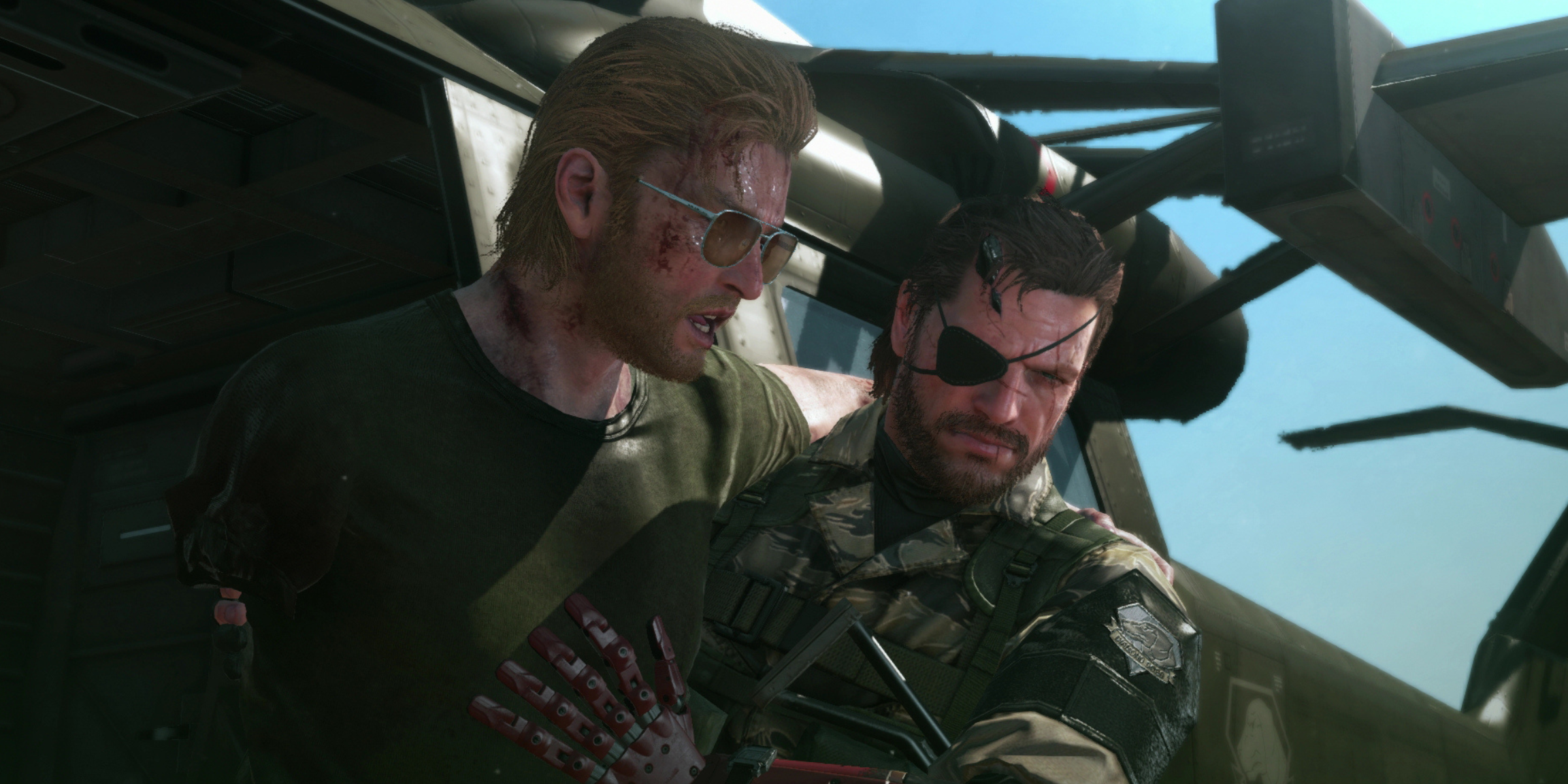 Snake and Ocelot in a helicopter from Metal Gear Solid: V The Phantom Pain.