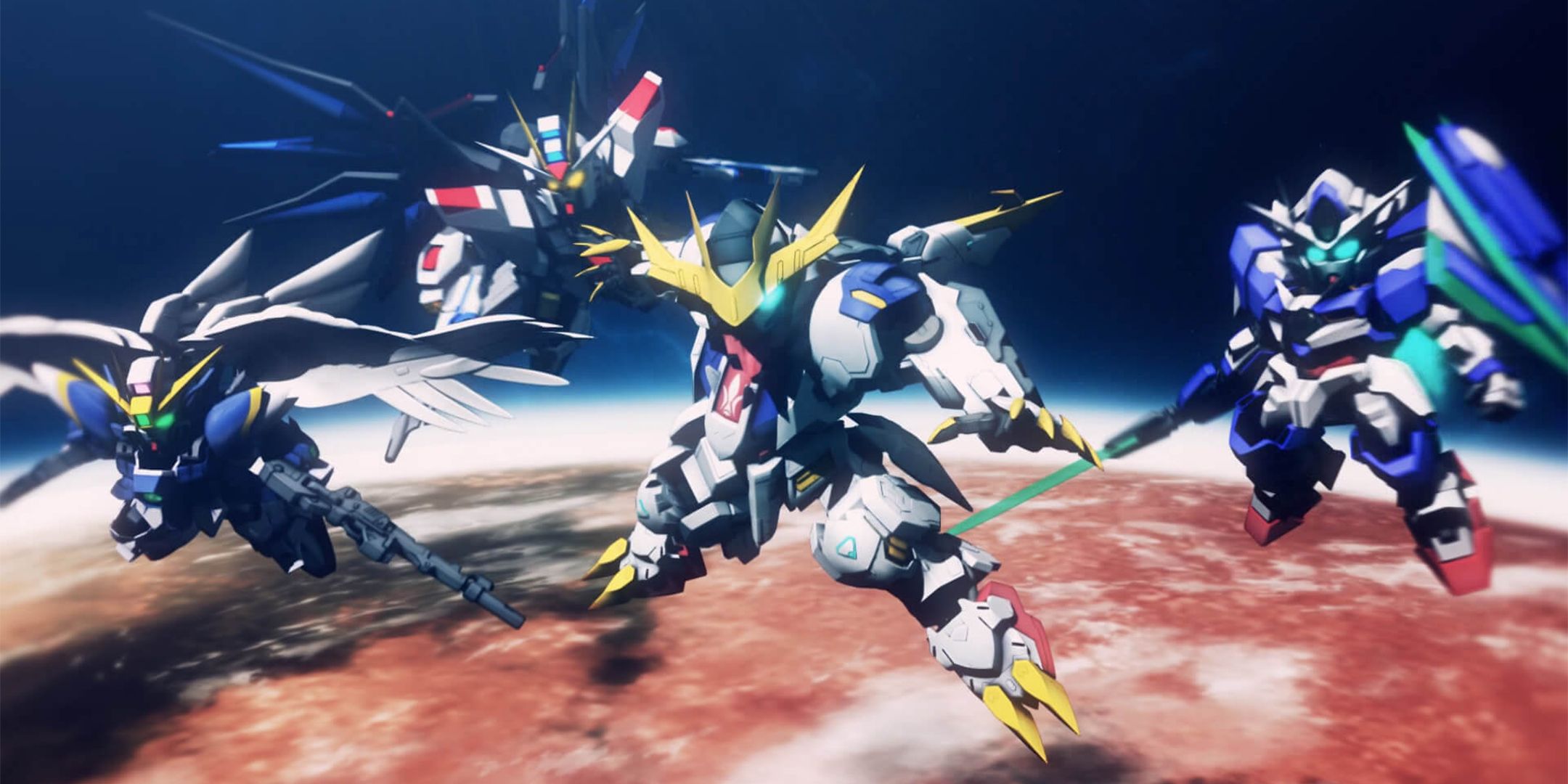 SD versions of the Gundam Wing, Strike Freedom, Barbatos, and Qant in SD Gundam G Generation Cross Rays.