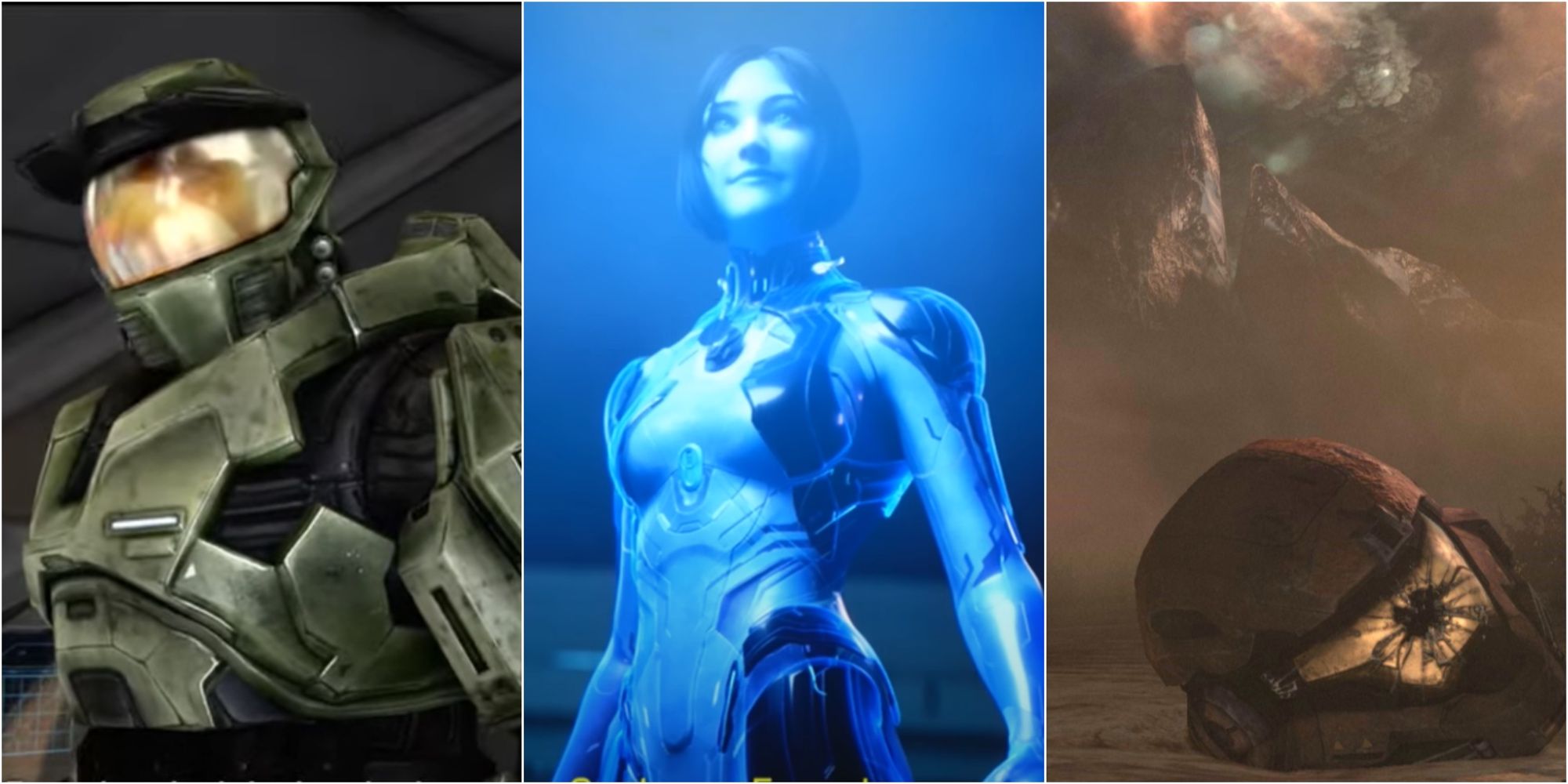 Master Chief, Cortana, Noble Six cracked helmet 