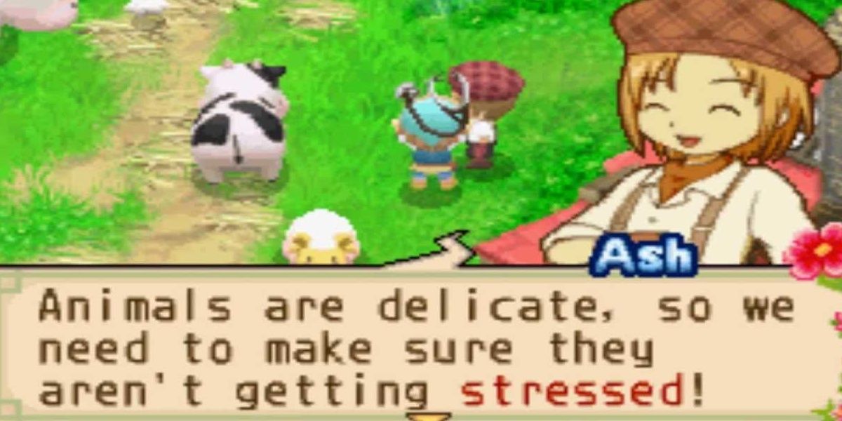 Ash explaining how to take care of animals in Harvest Moon: The Tale of Two Towns.