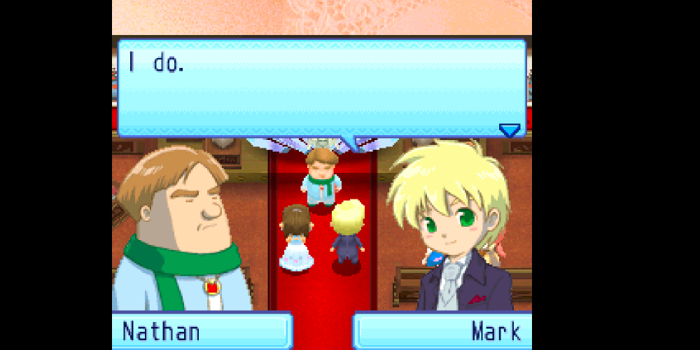 Mark getting married in Harvest Moon: Sunshine Islands.