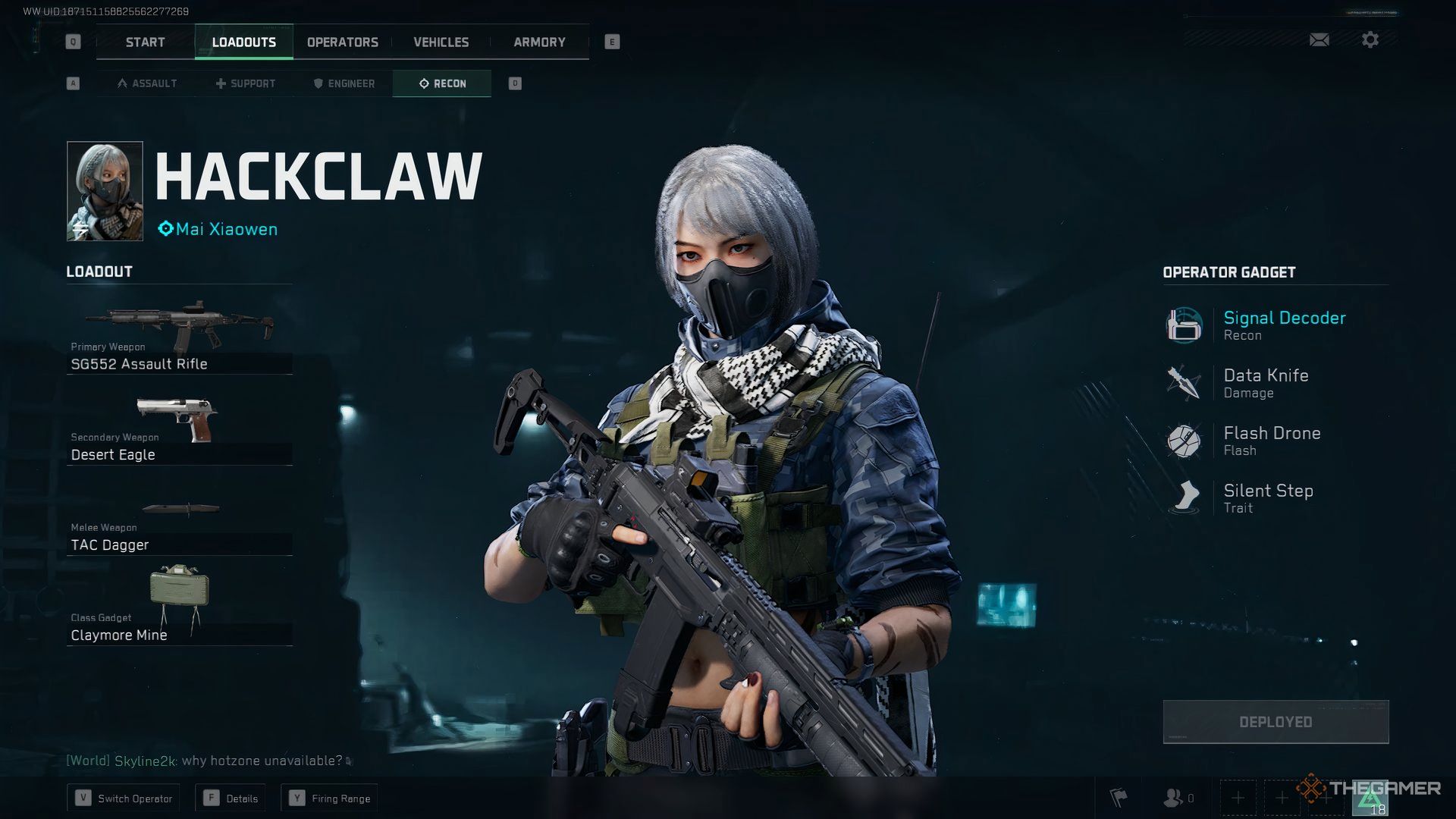 Showcasing Hackclaw's loadout while she's holding a gun in Delta Force.