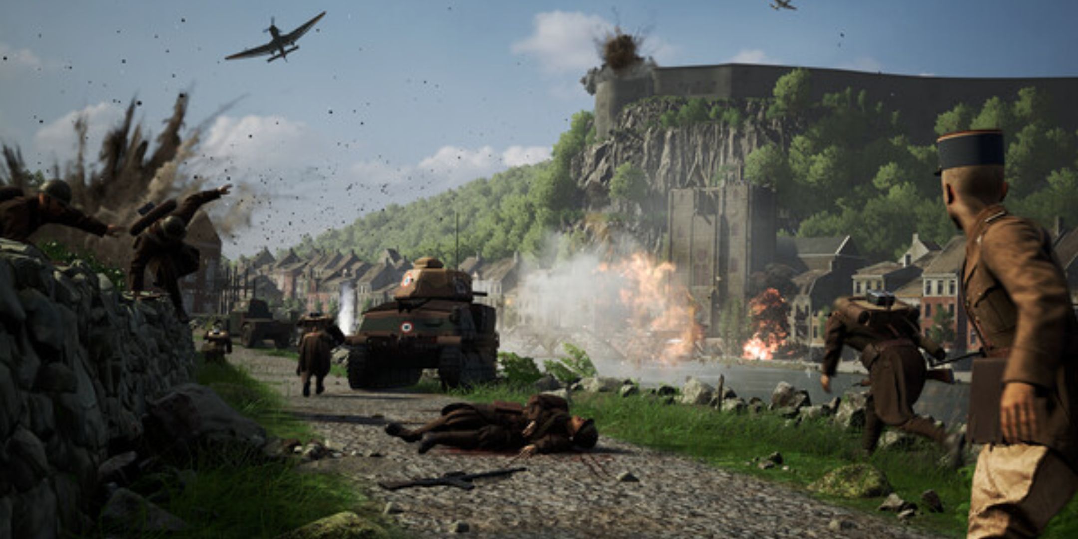 A World War 2 era officer stands on a road next to soldiers in battle and a tank getting hit by a rocket by a river in Squad 44.