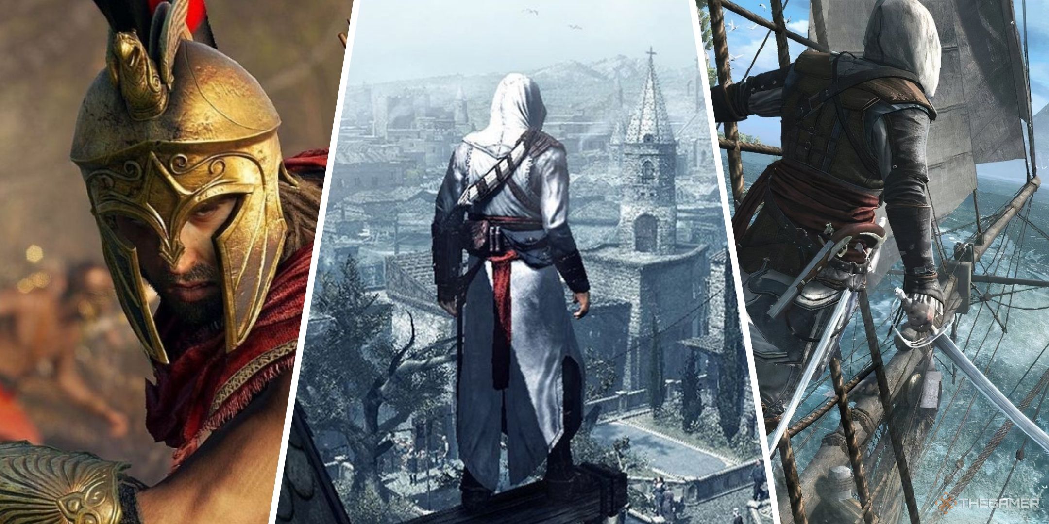 Featured Split Image Of Alexios From Assassin's Creed Odyssey, Altair From Assassin's Creed, and Edward From Assassin's Creed 4 Black Flag