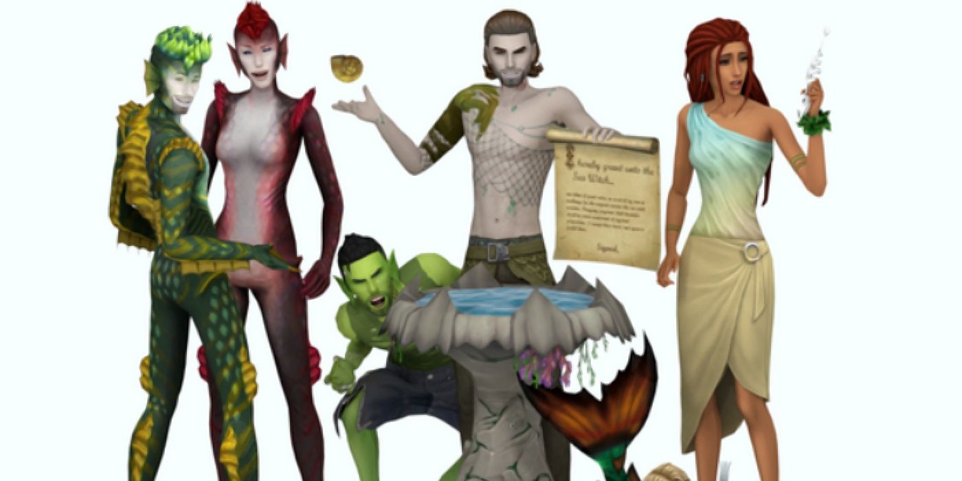 Image of kelpies and sea witches standing in a group from SpinningPlumbobs Expanded Mermaids mod for The Sims 4.