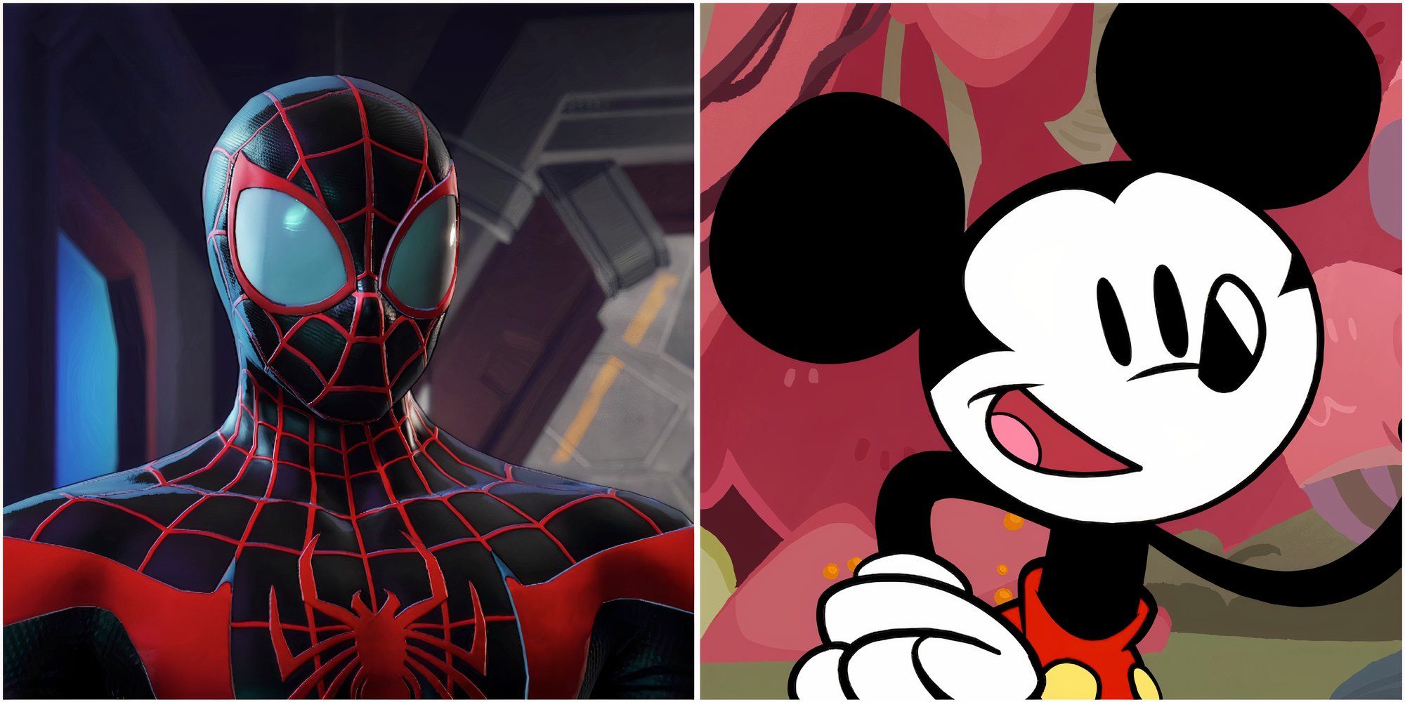 Miles Morales in Marvel Ultimate Alliance 3 The Black Order and Mickey in Disney Illusion Island