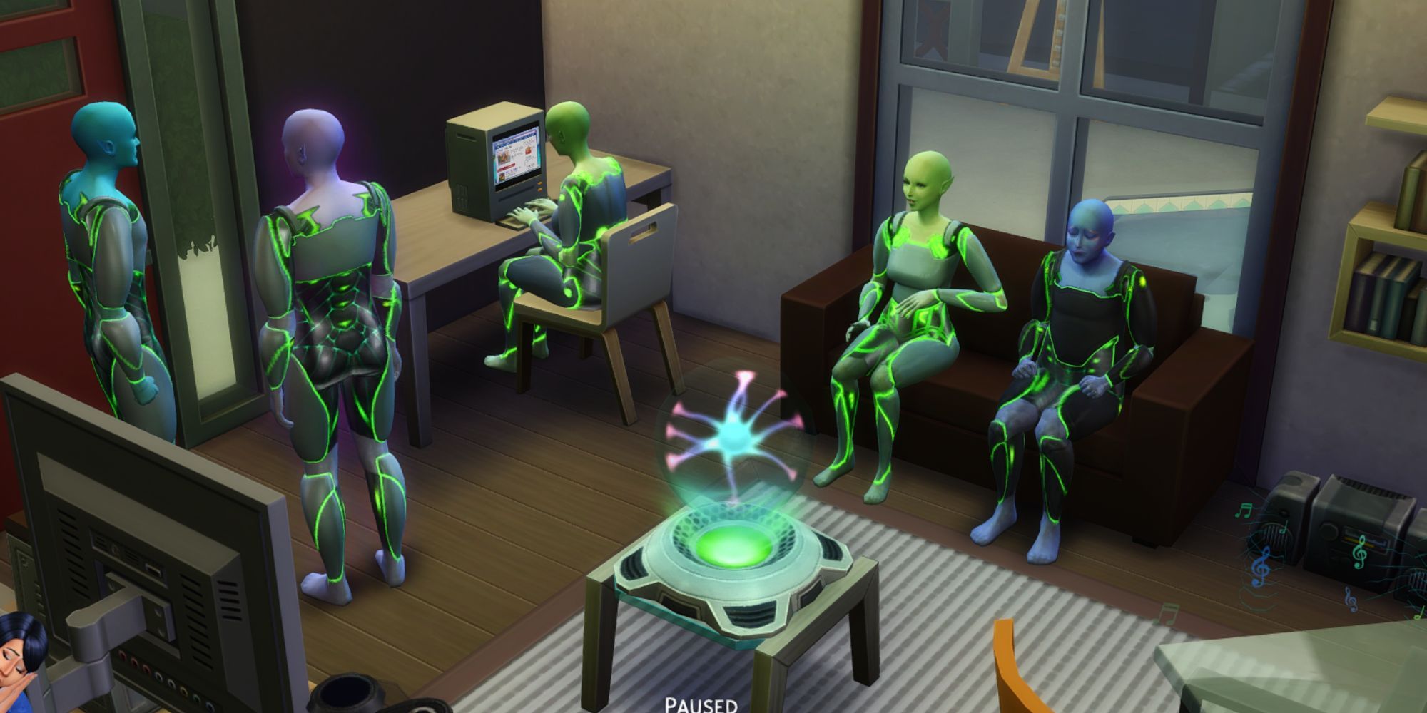 Image of an Alien Family sitting together from Sims 4.