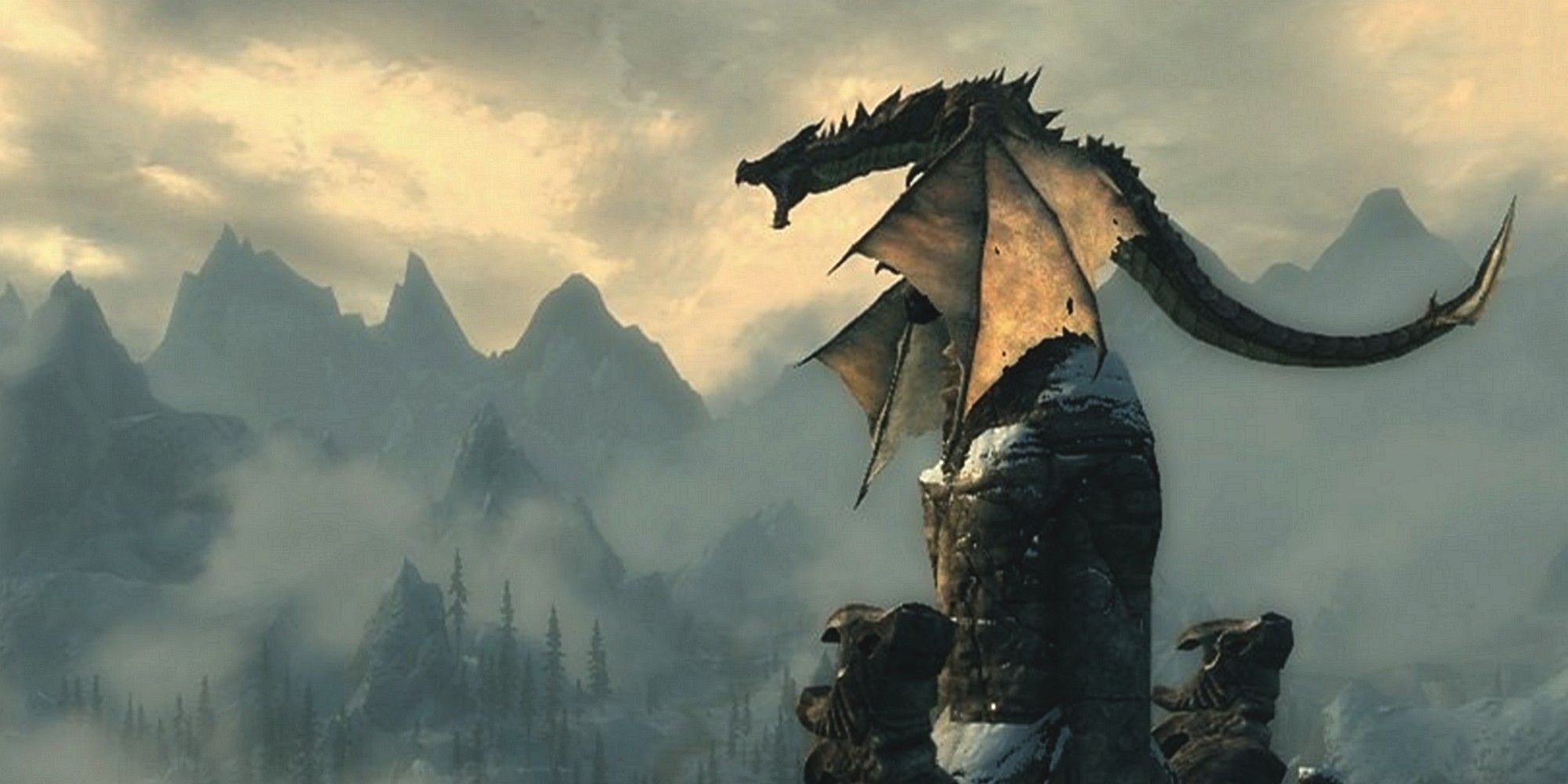 Shot of a dragon roosting from The Elder Scrolls V: Skyrim.