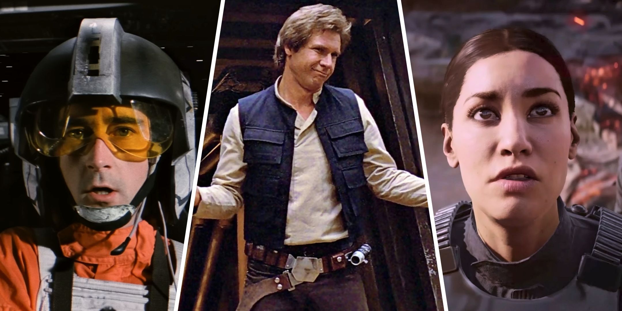 A split image of Wedge Antilles, Han Solo, and Iden Versio from Star Wars.