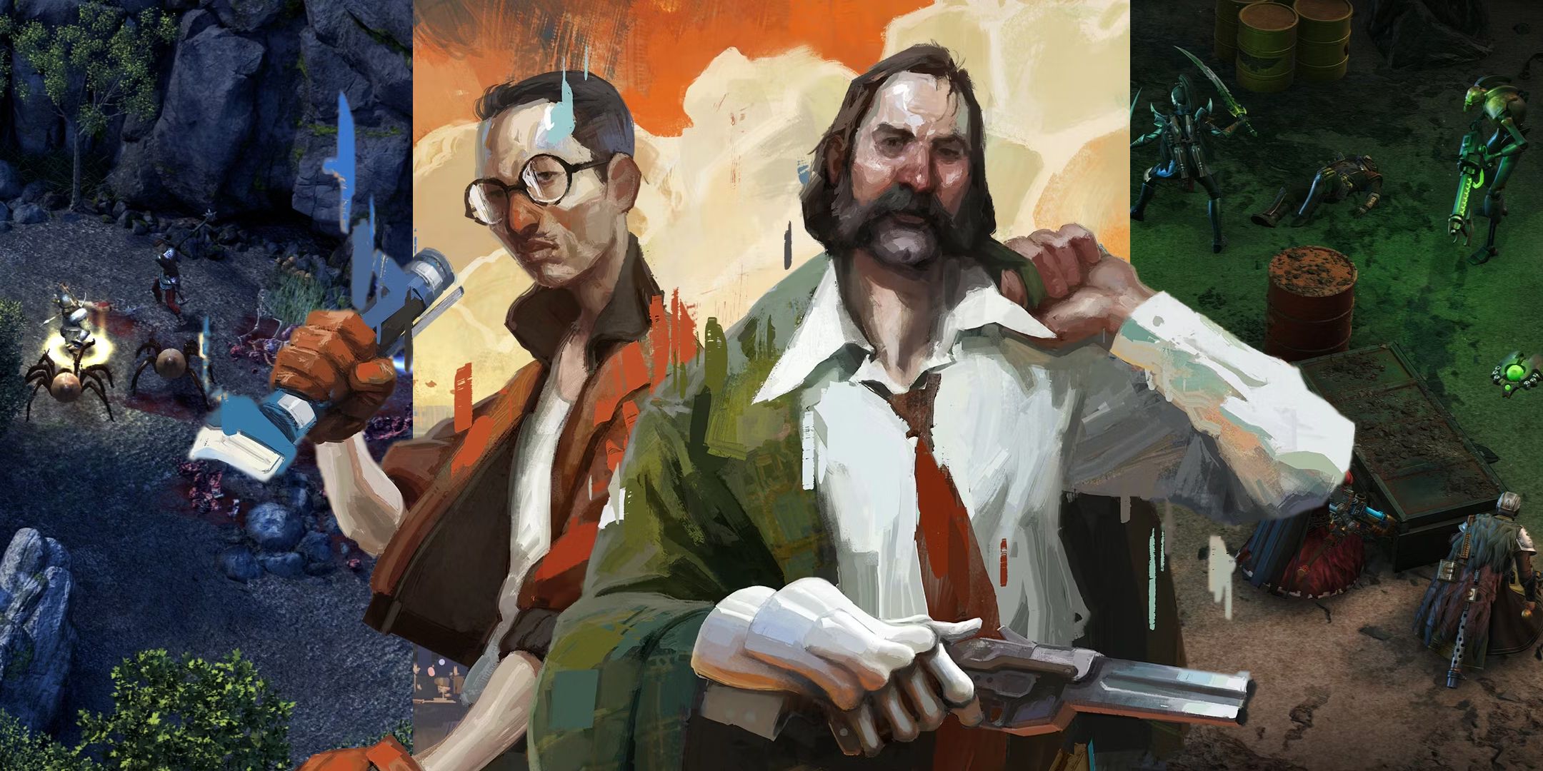 A collage of Disco Elysium, Warhammer Rogue Trader, and Pillars of Eternity