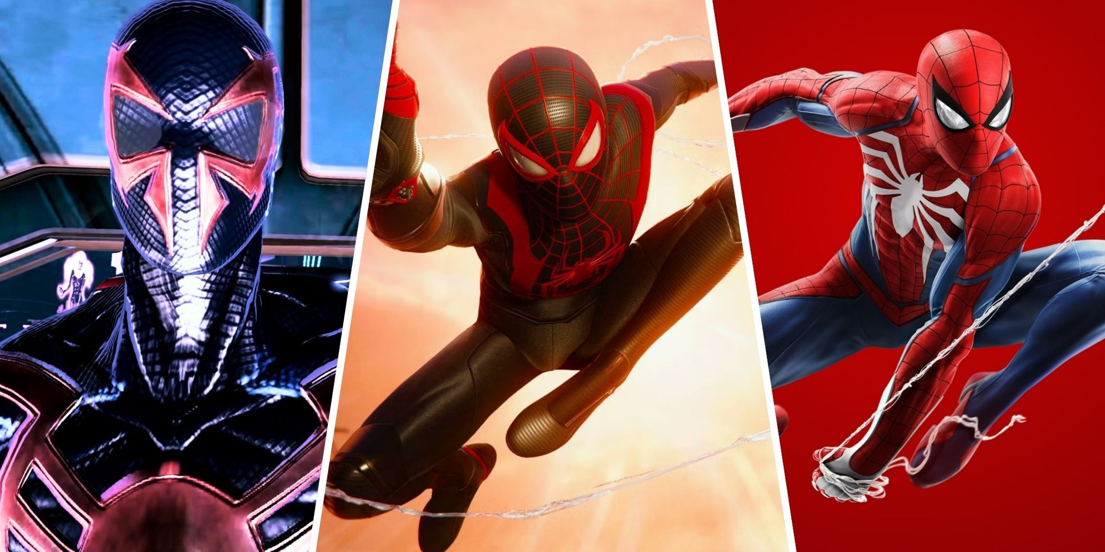 A split image of Spider-Man 2099 from Shattered Dimensions, Miles Morales from Marvel's Spider-Man 2, and Peter Parker from Marvel's Spider-Man.