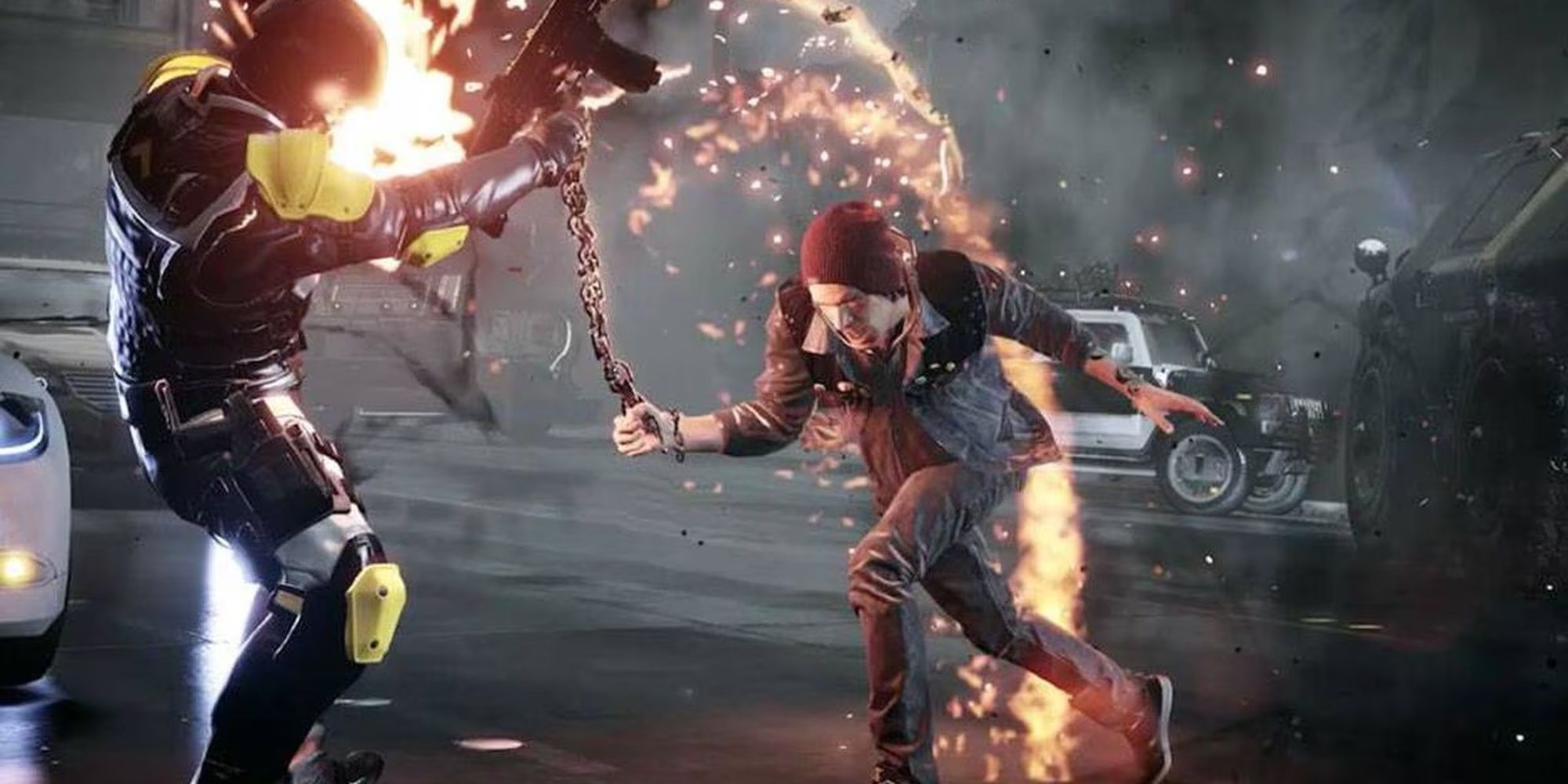 Infamous: Second Son - Delsin Attacking An Enforcer With His Fire Chain.