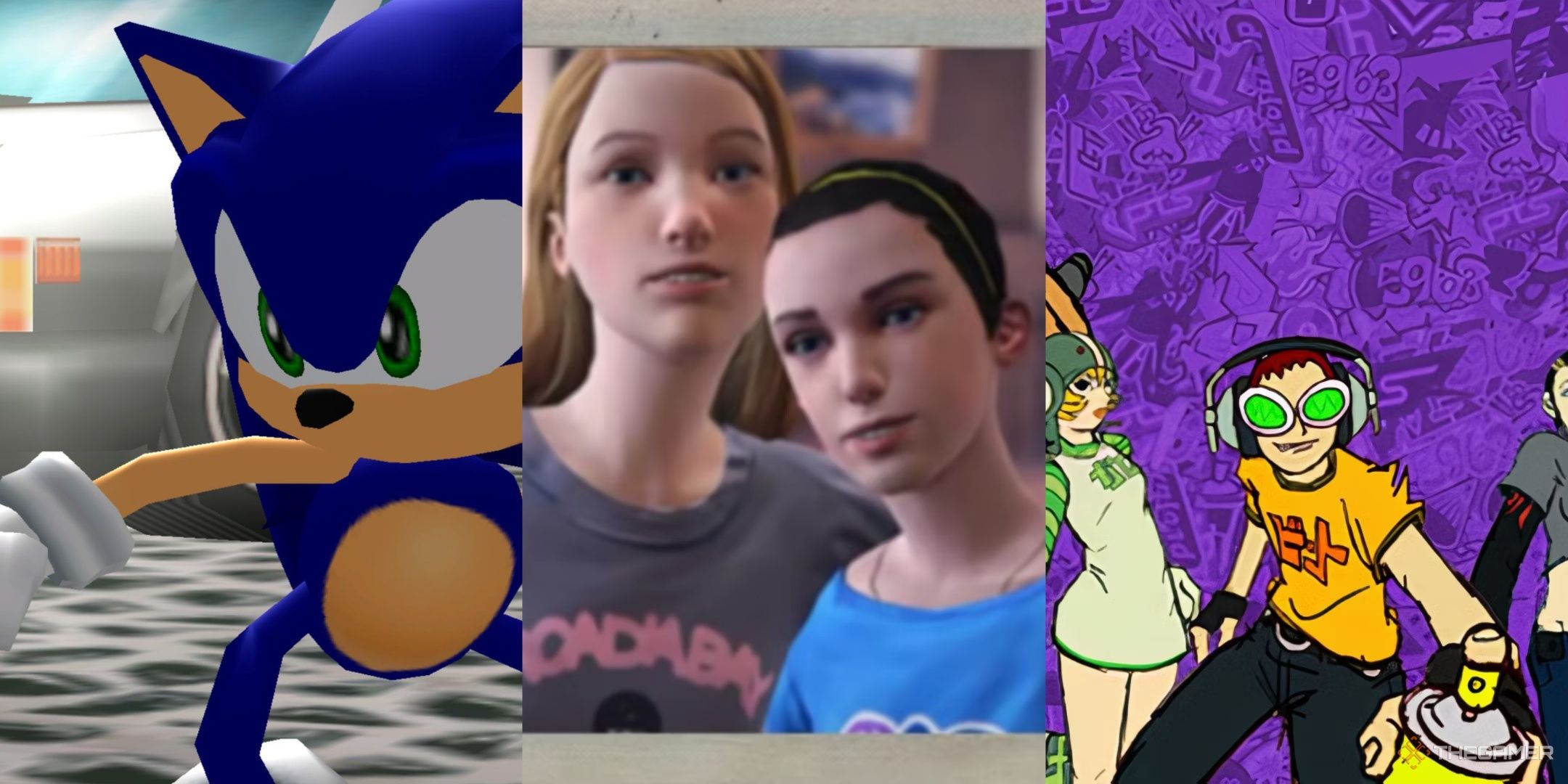 Sonic as he appears in SOnic Adventure, Young max and chloe in Life is strange, and the cast from jet set radio.