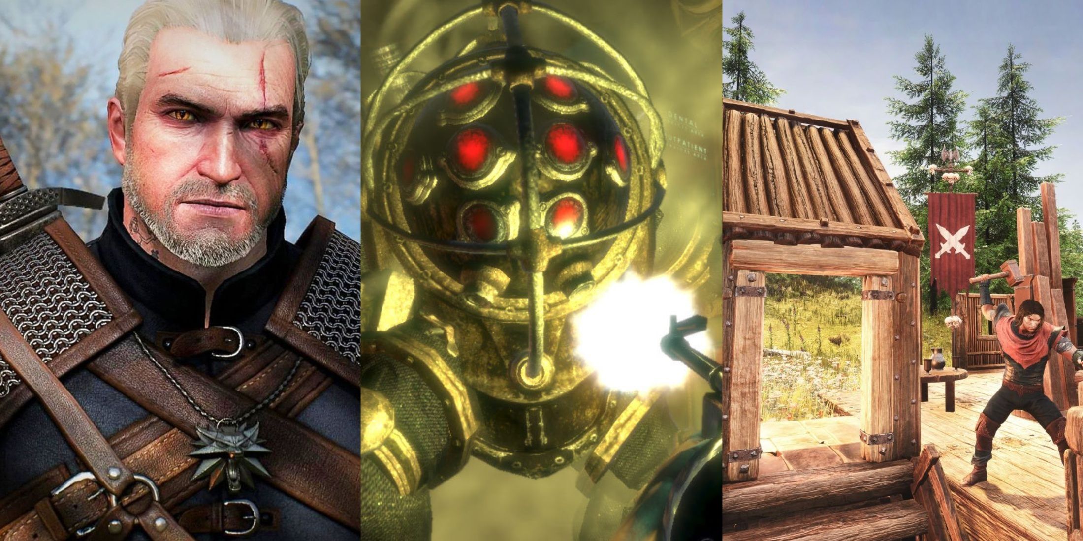 The Witcher 3, Bioshock, Conan Exiles mixed screenshot collage