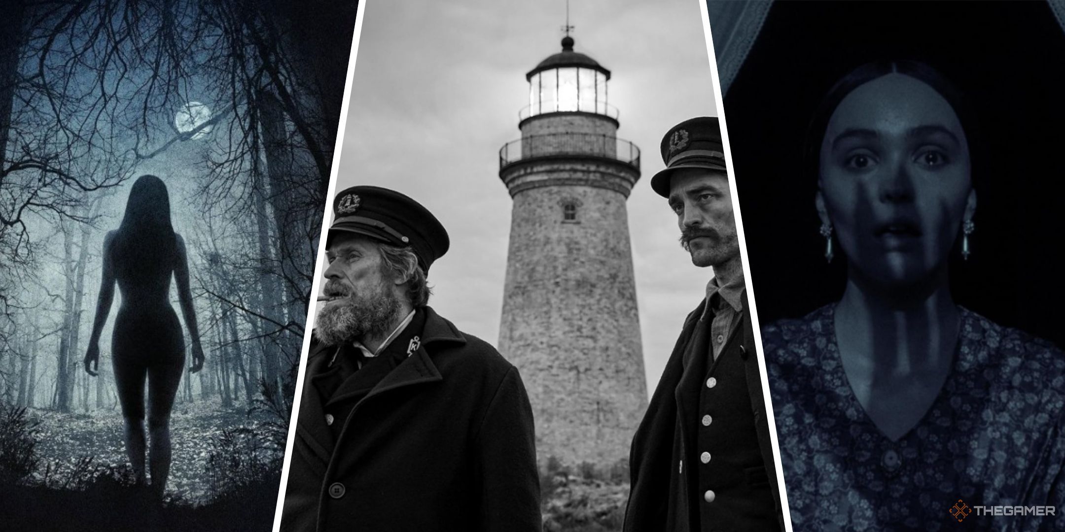 Three-image collage of the main art for Robert Eggers' The Witch, The Lighthouse, and Nosferatu.