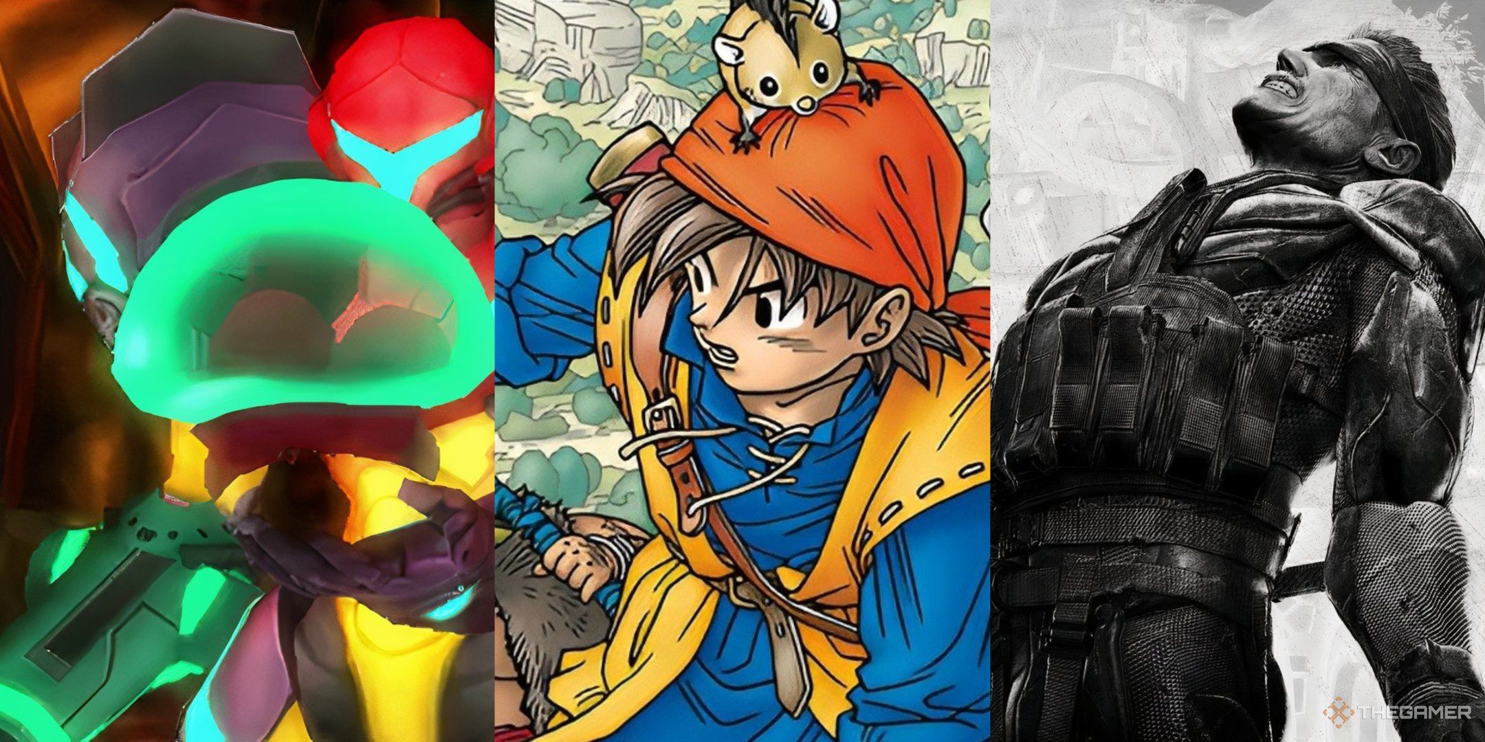 Samus holding a baby metroid in samus returns, the hero from dragon quest 7 with a hamster on their head, and old snake roaring from metal gear solid 4, left to right.