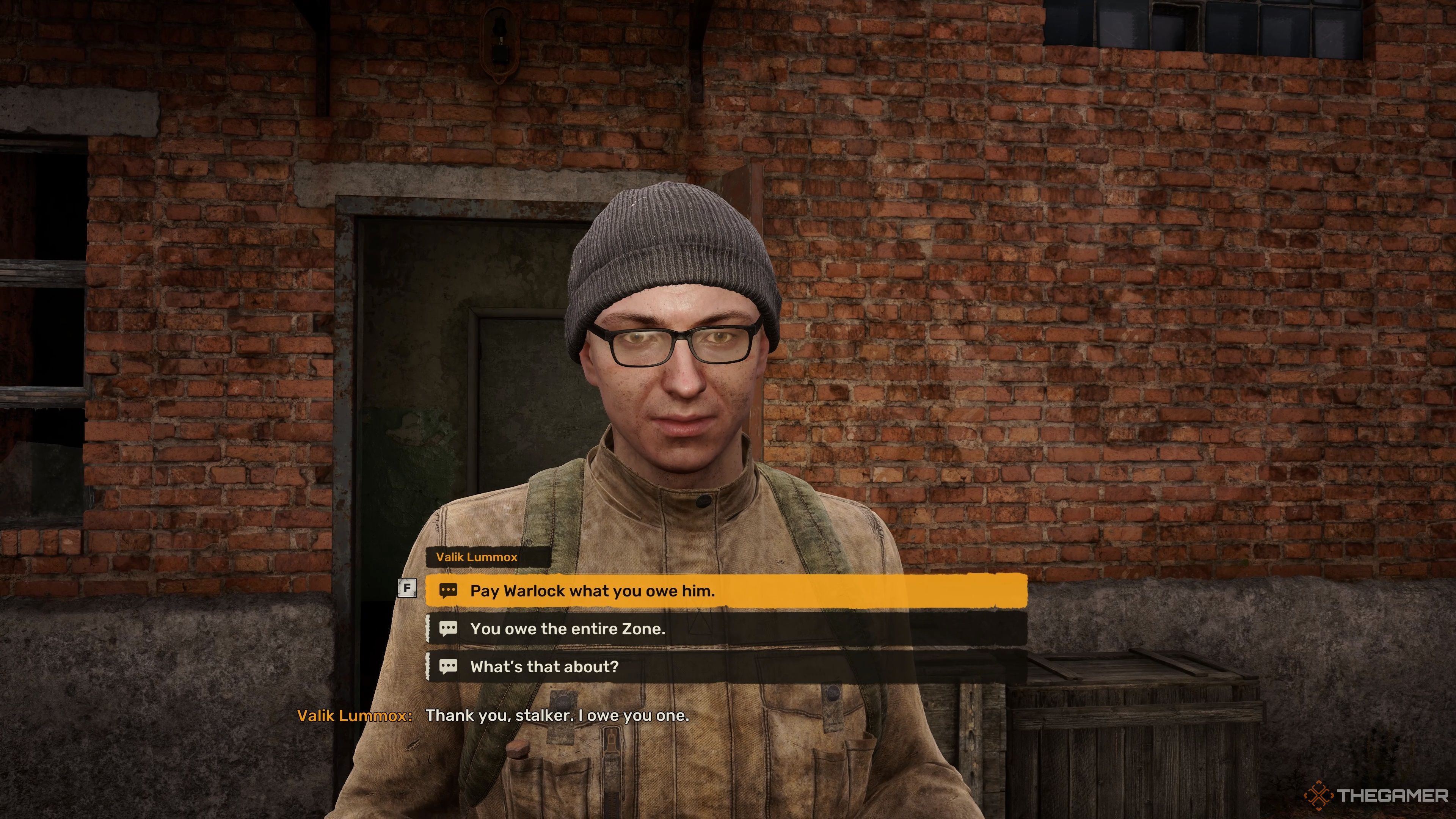 Dialogue choices when speaking to Valik Lummox in Stalker 2: Heart of Chornobyl.