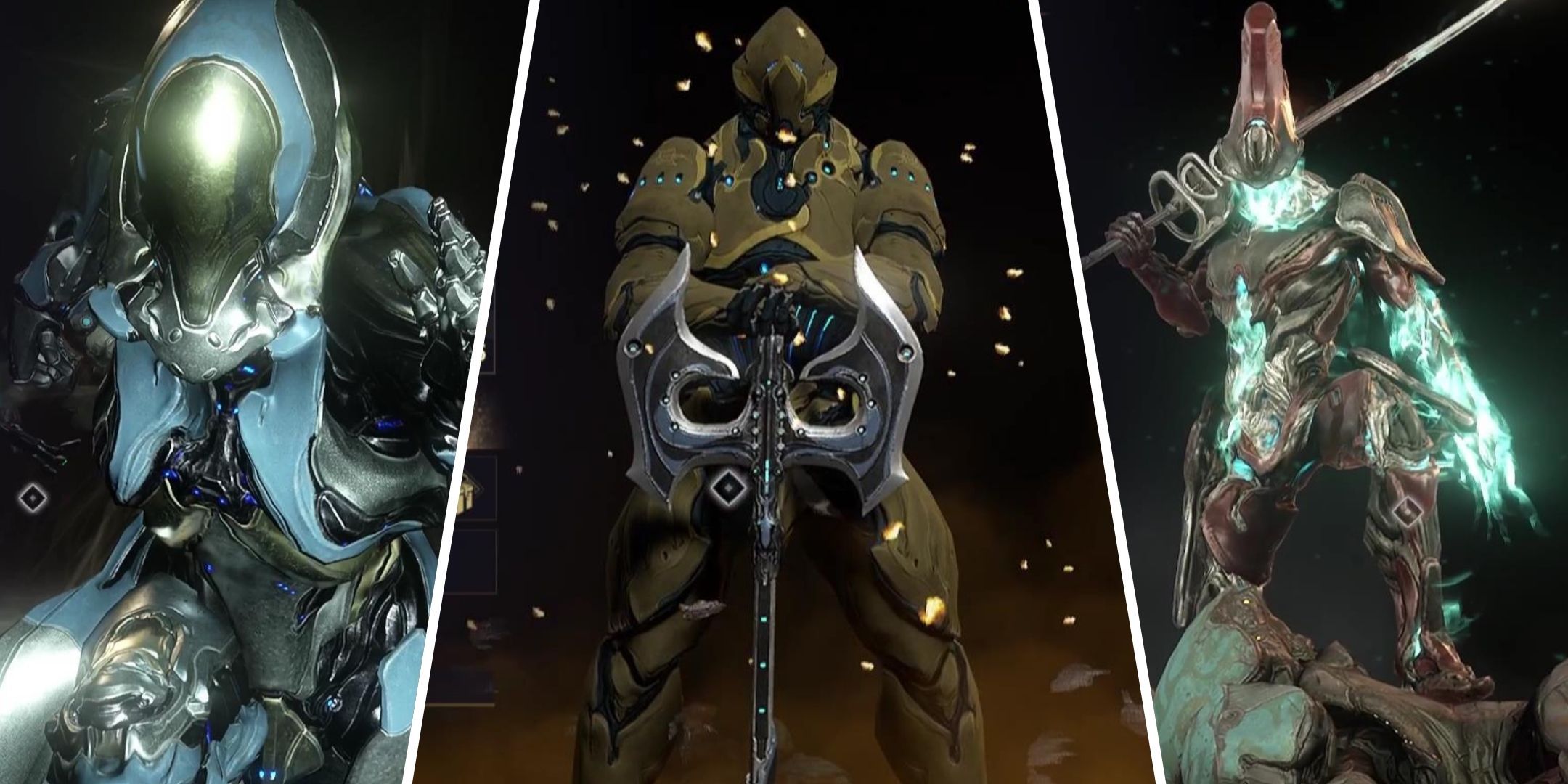 The Gauss Warframe runs on the left, the Revenant Warframe stands on the right, with the Rhino Warframe in the center.