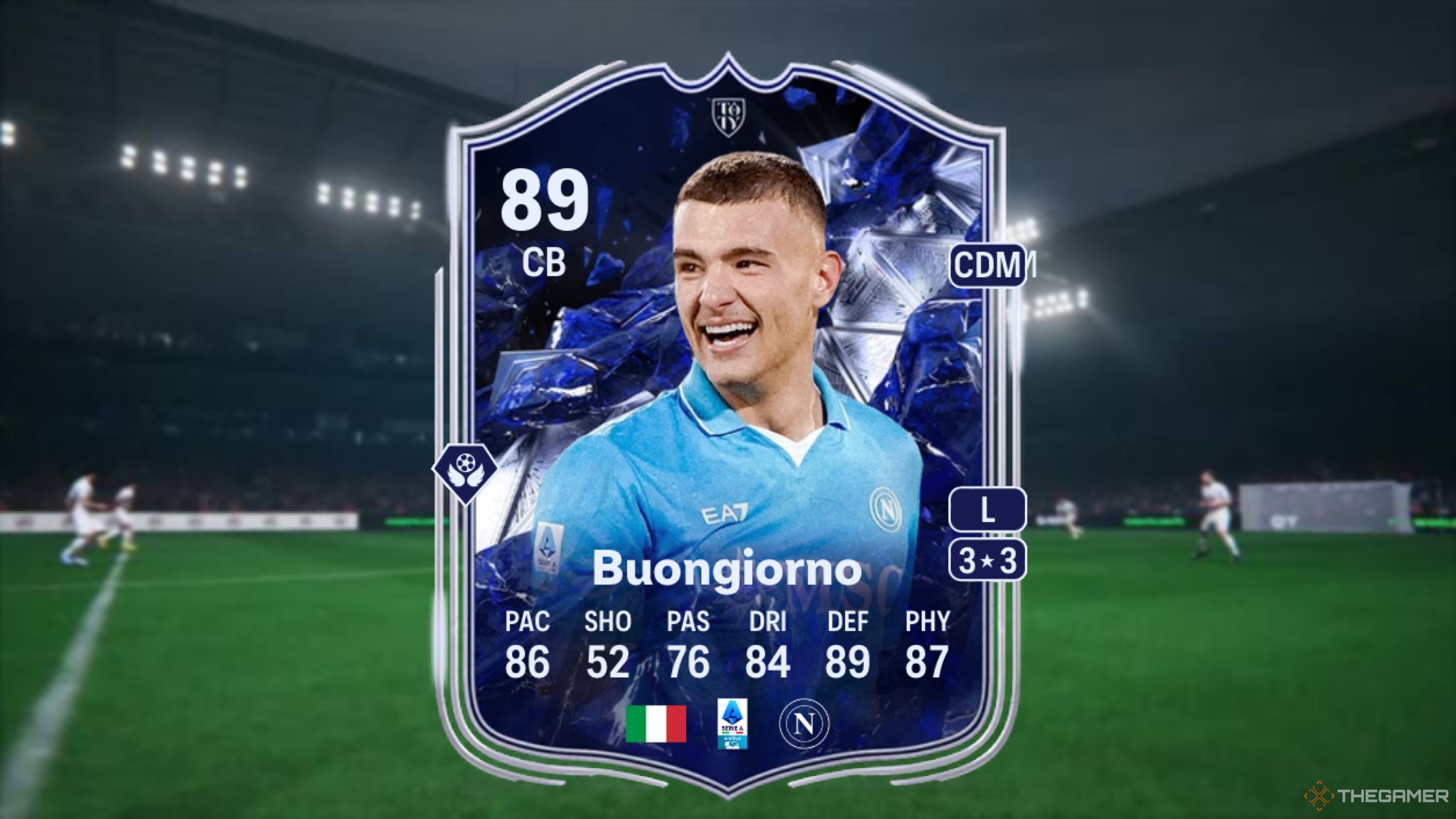 Image showing Buongiorno card against a faded stadium background.