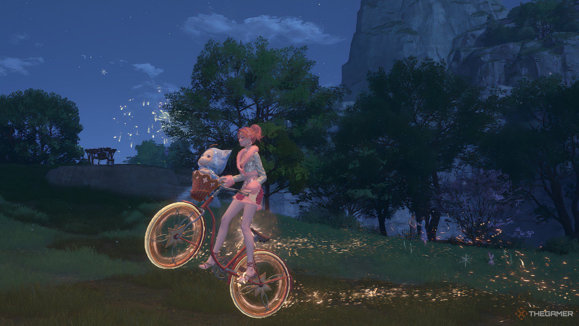 Nikki is riding Whim Pedals Fireworks in Infinity Nikki.