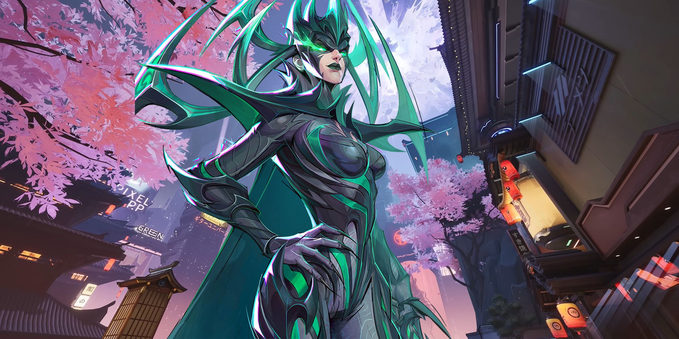 Marvel Rivals Hela set against the Tokyo map backdrop