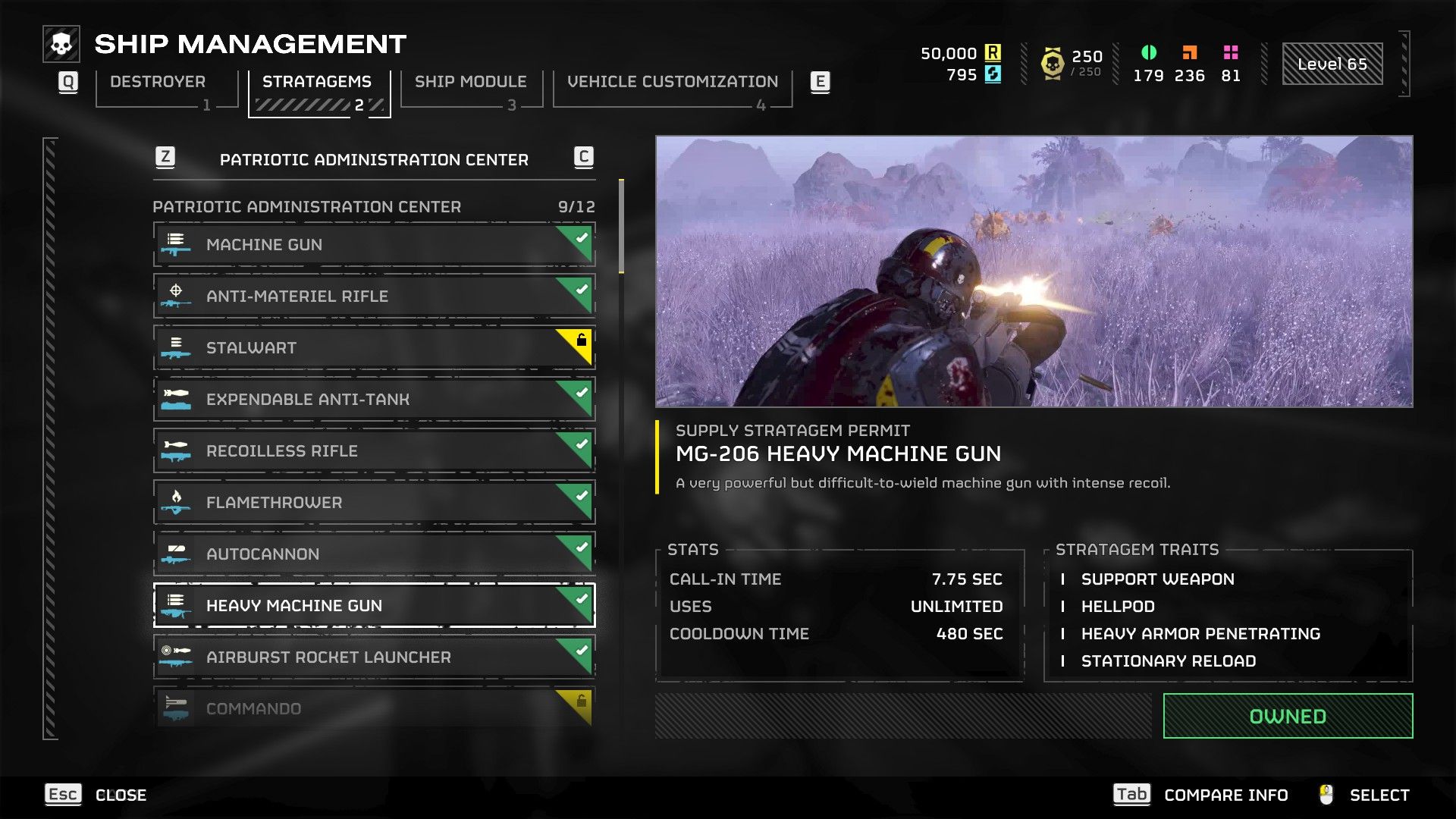 Helldivers 2 Heavy Machine Gun Stratagem Screen on Ship.