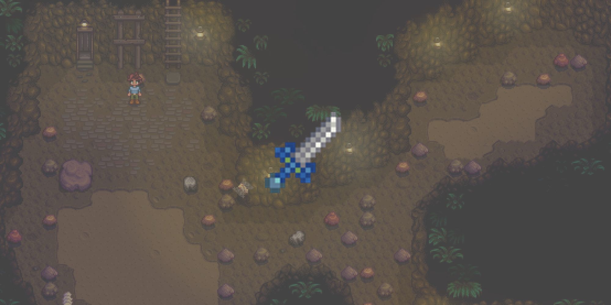 The Yeti Tooth sword overlaid on top of a level of the mines for the list of best weapons in Stardew Valley.